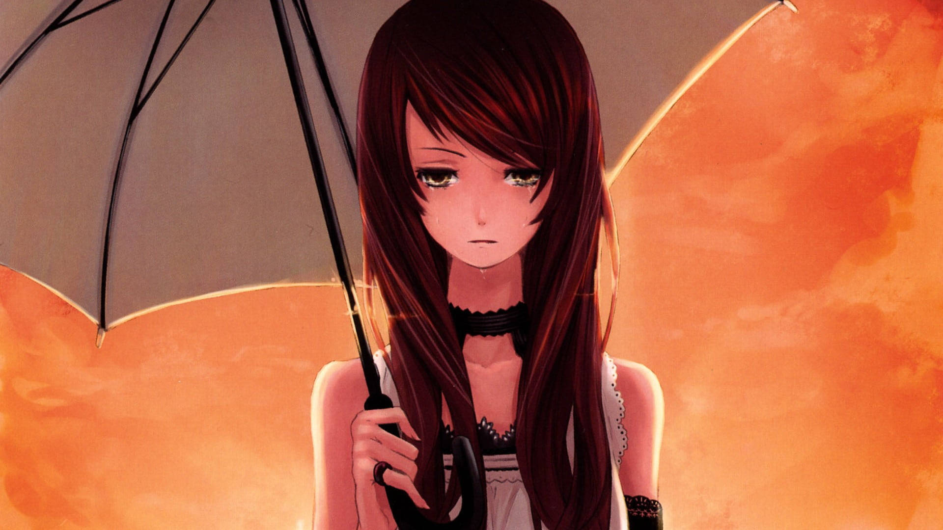 Aesthetic Sad Anime Girl Orange Sky Background