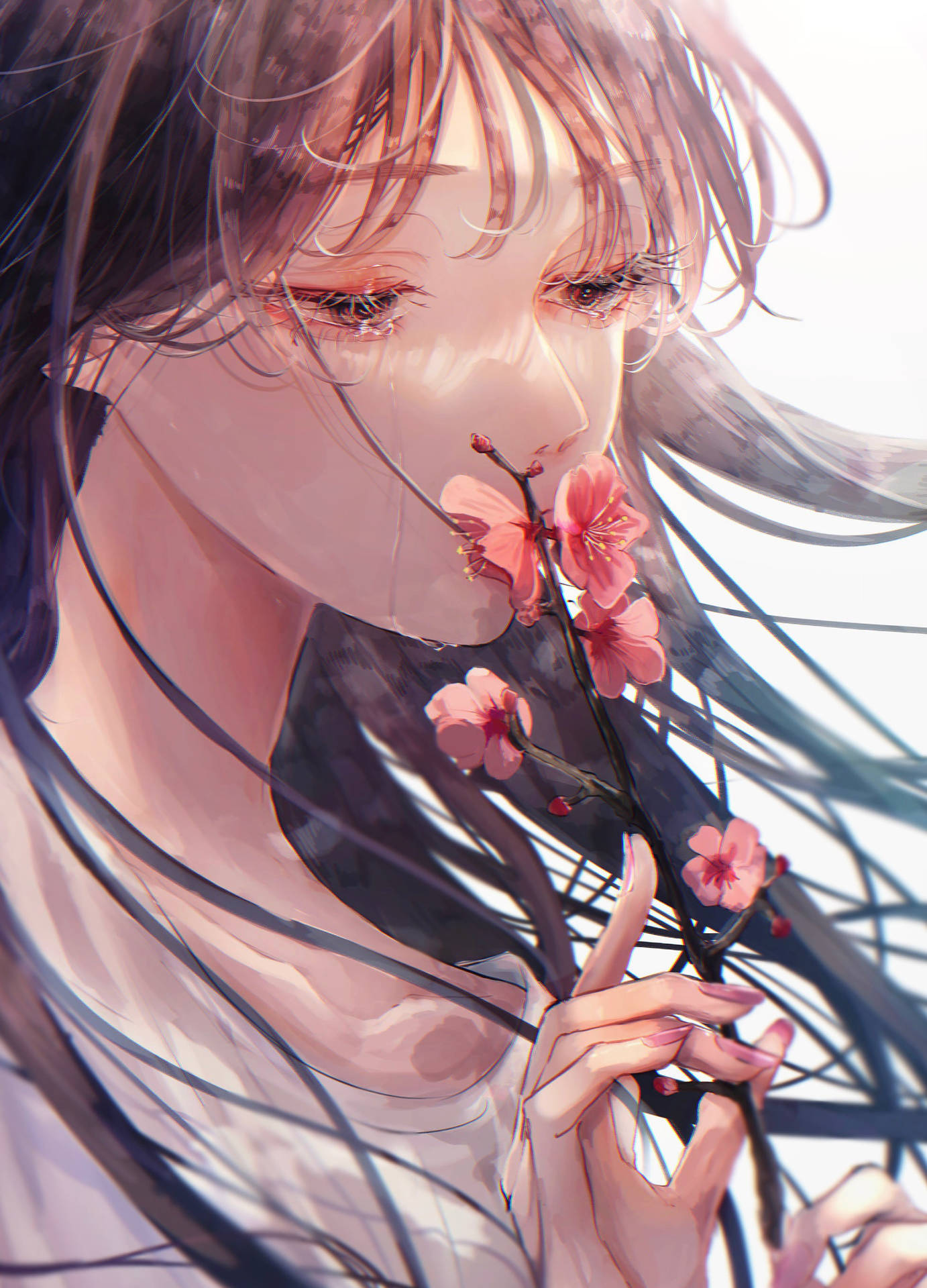 Aesthetic Sad Anime Girl Pink Flowers Background