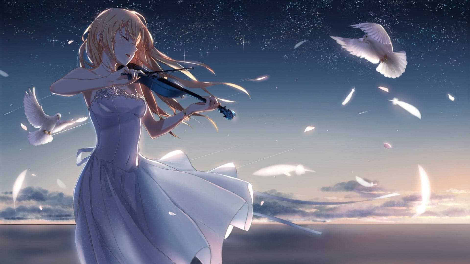 Aesthetic Sad Anime Girl Playing Violin Background