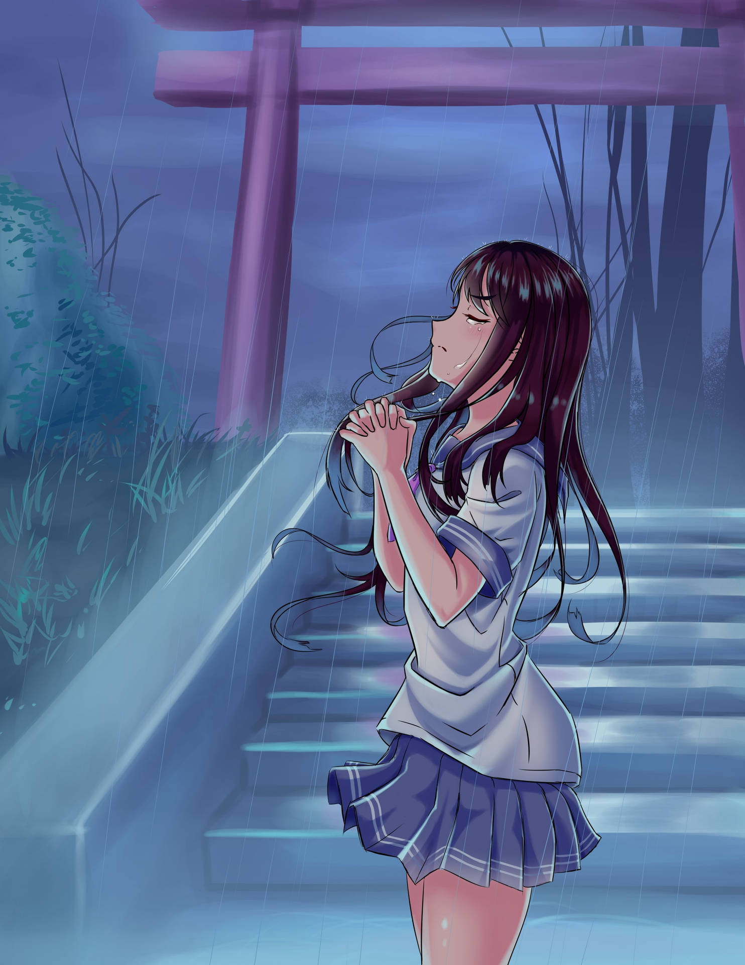 Aesthetic Sad Anime Girl Praying In Rain Background