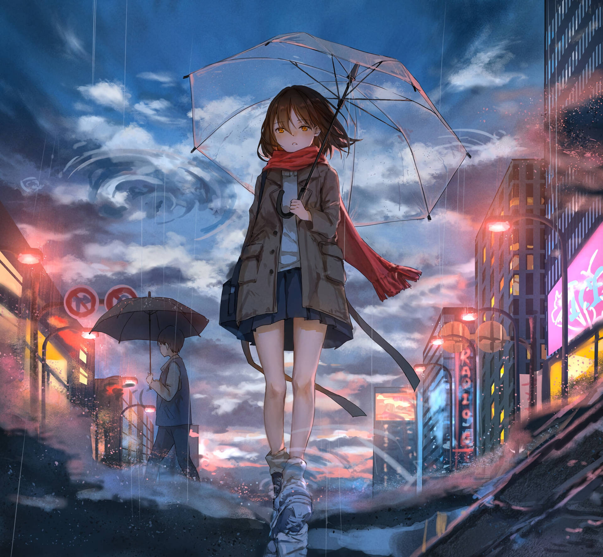 Aesthetic Sad Anime Girl Red Scarf Background