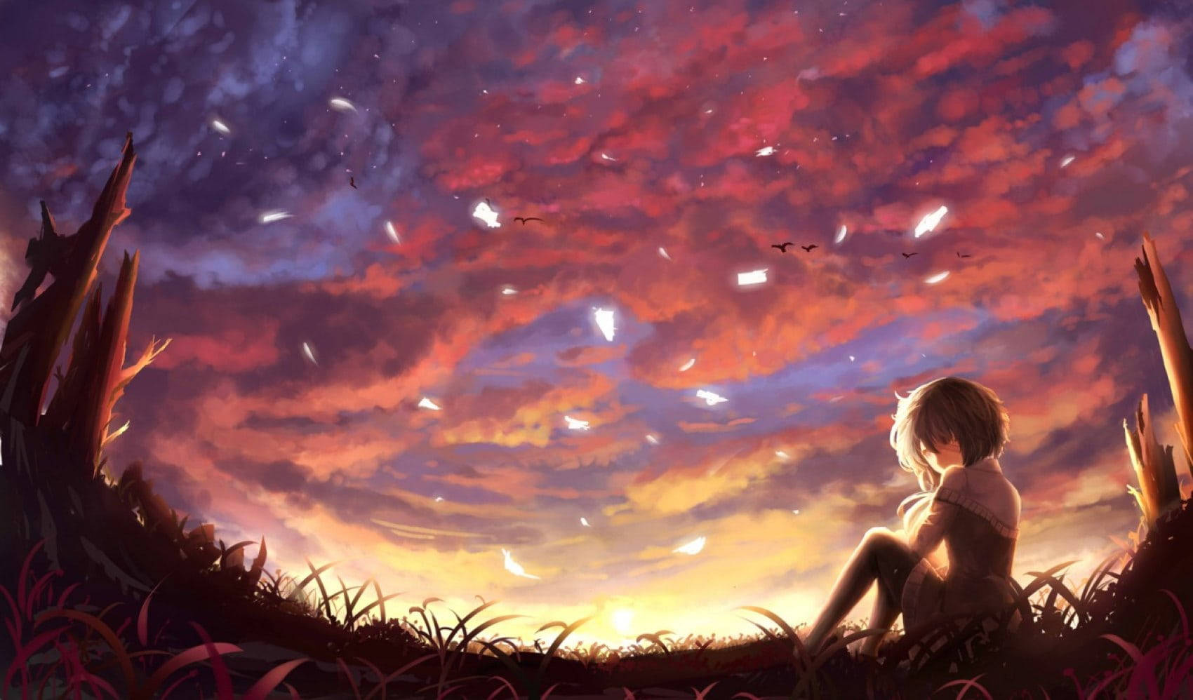 Aesthetic Sad Anime Girl Red Sky Background