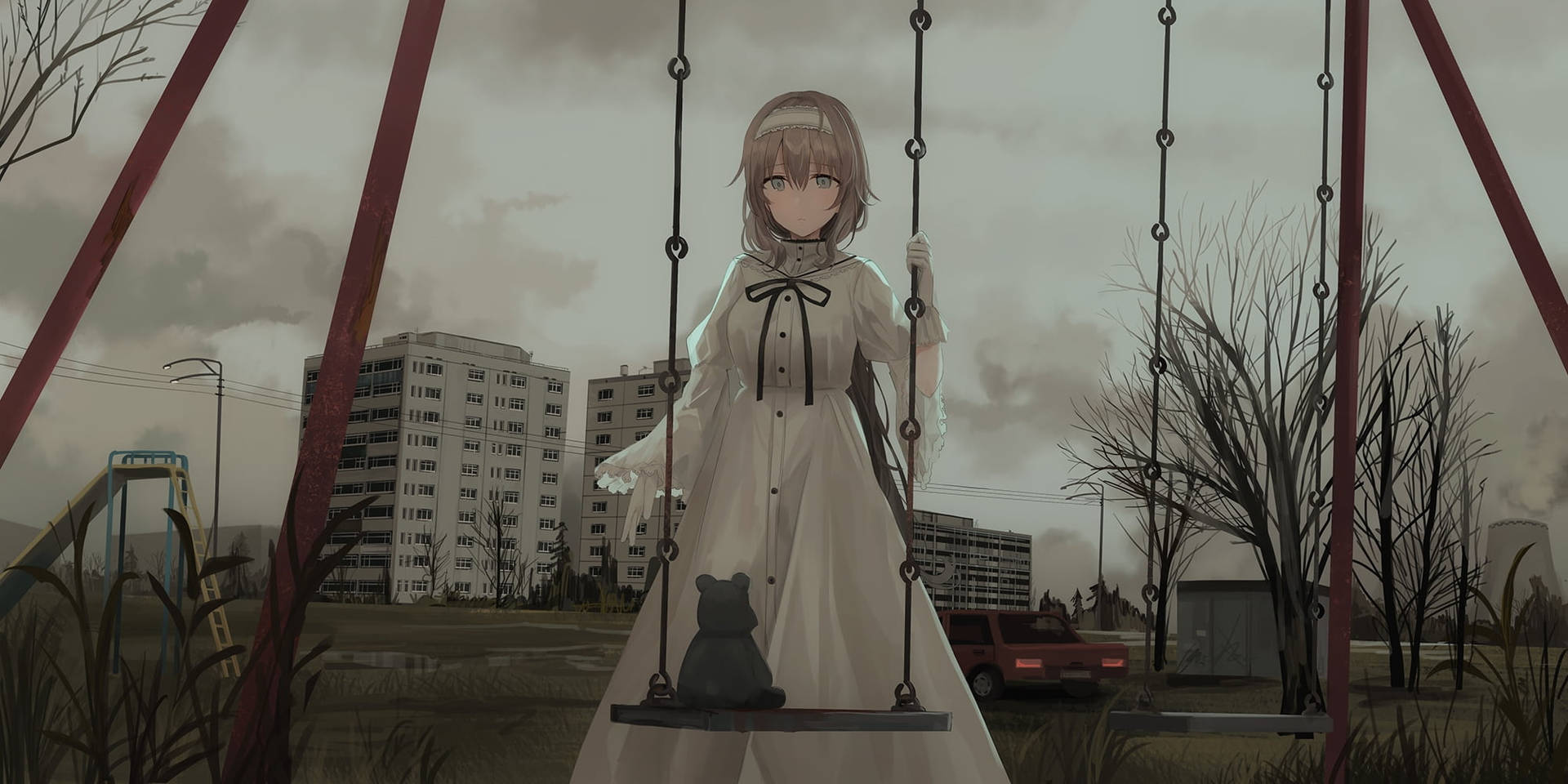 Aesthetic Sad Anime Girl White Dress Background