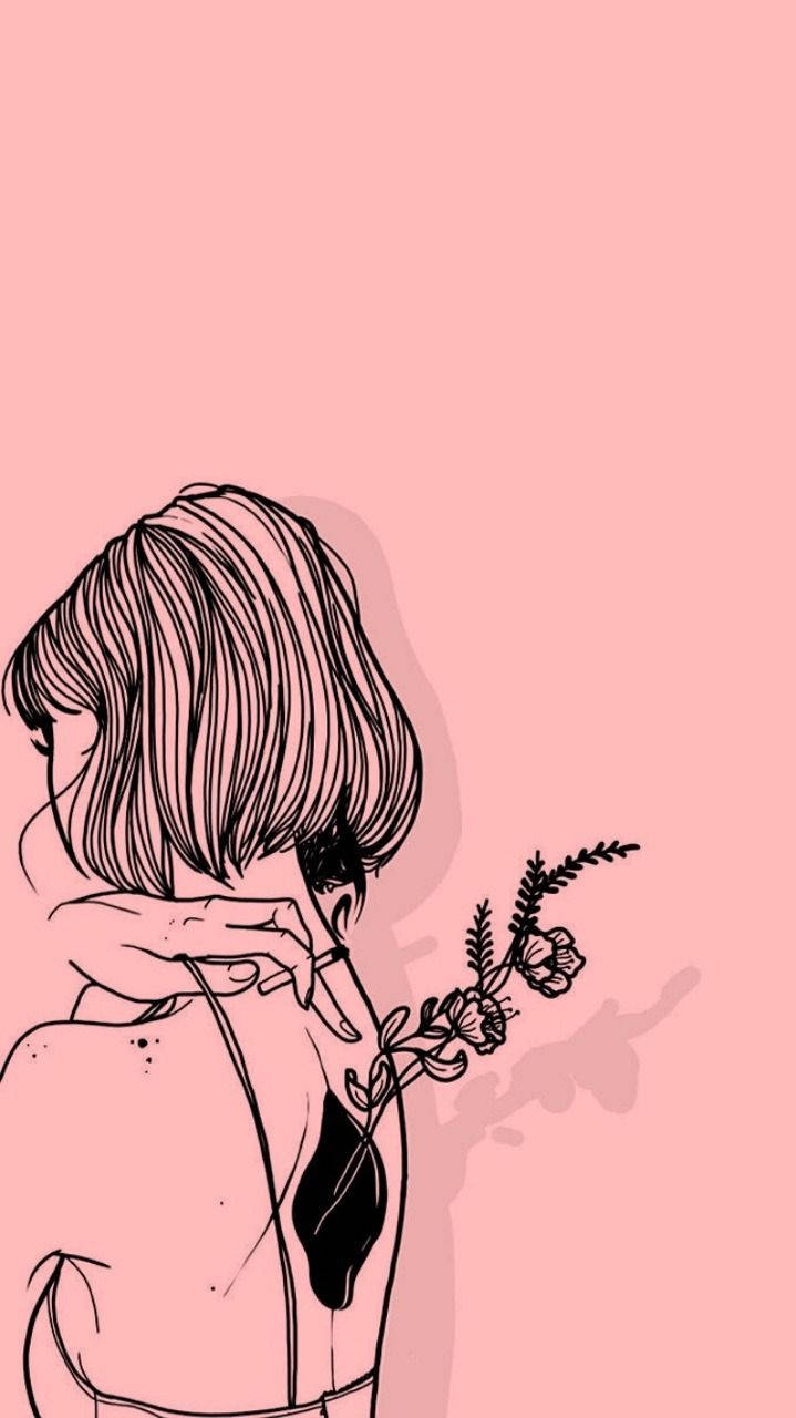 Aesthetic Sad Girl Growing Flower On Back Background