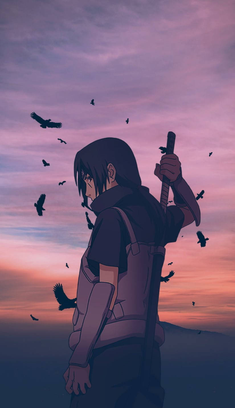 Aesthetic Sasuke With Birds And Sunset Background