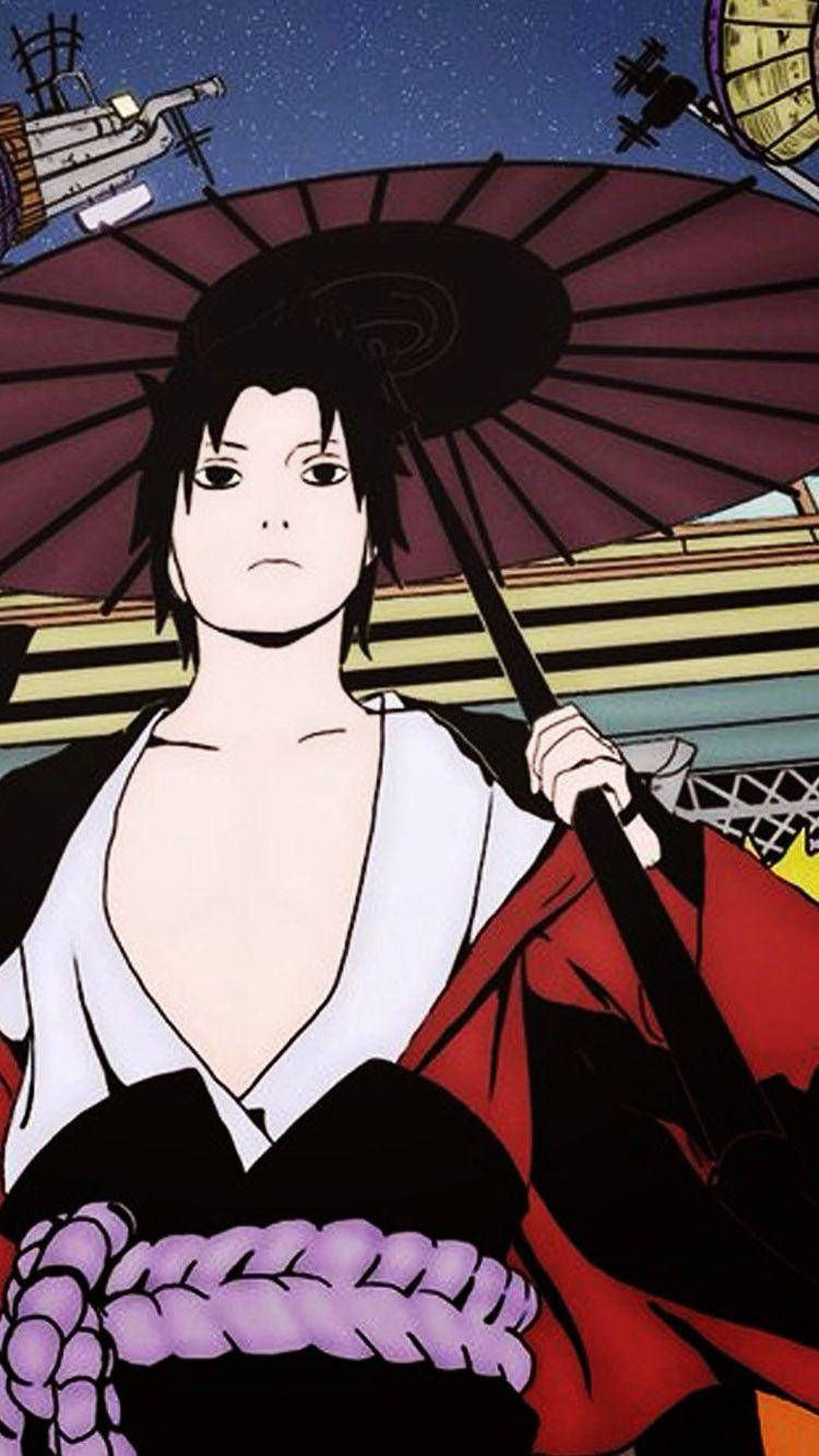 Aesthetic Sasuke With Kimono And Wagasa Background
