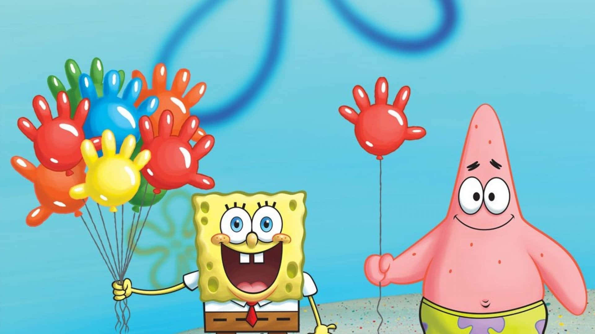 Aesthetic Spongebob Holding Balloons Laptop Background