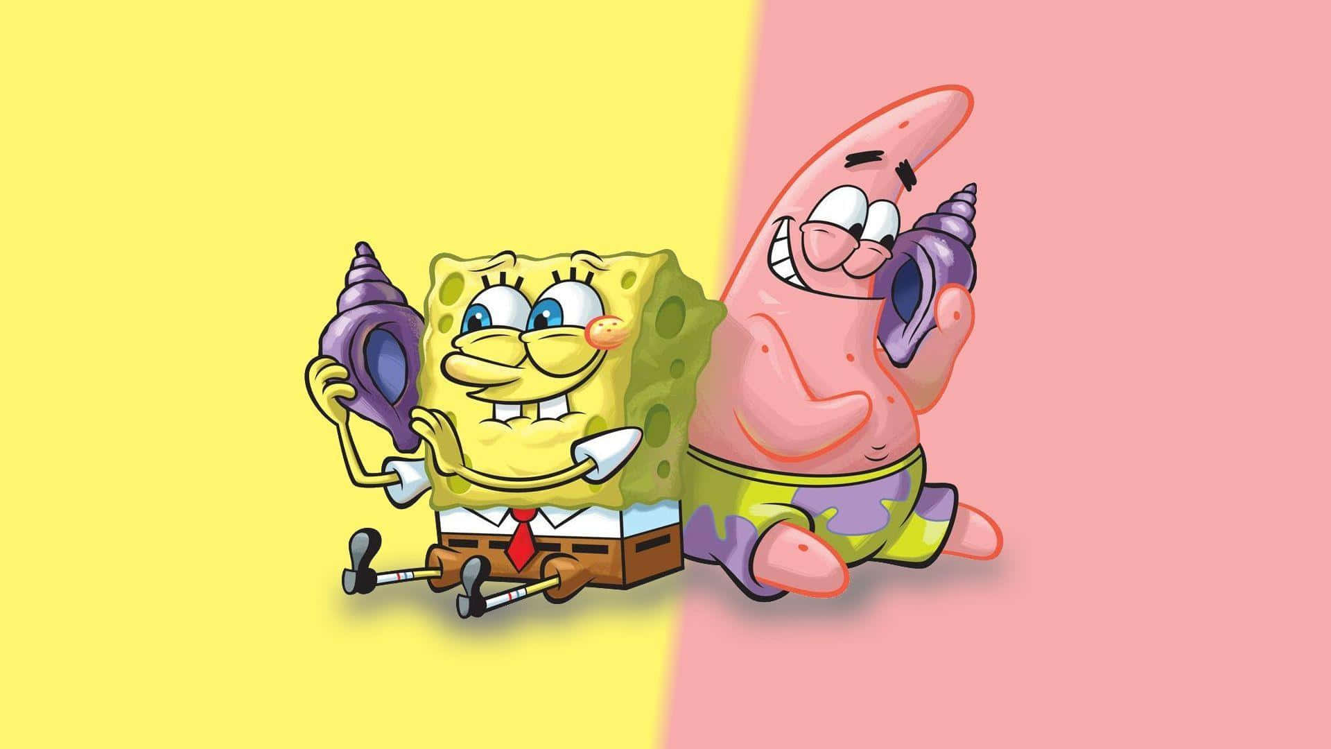 Aesthetic Spongebob Holding Seashells Laptop Background