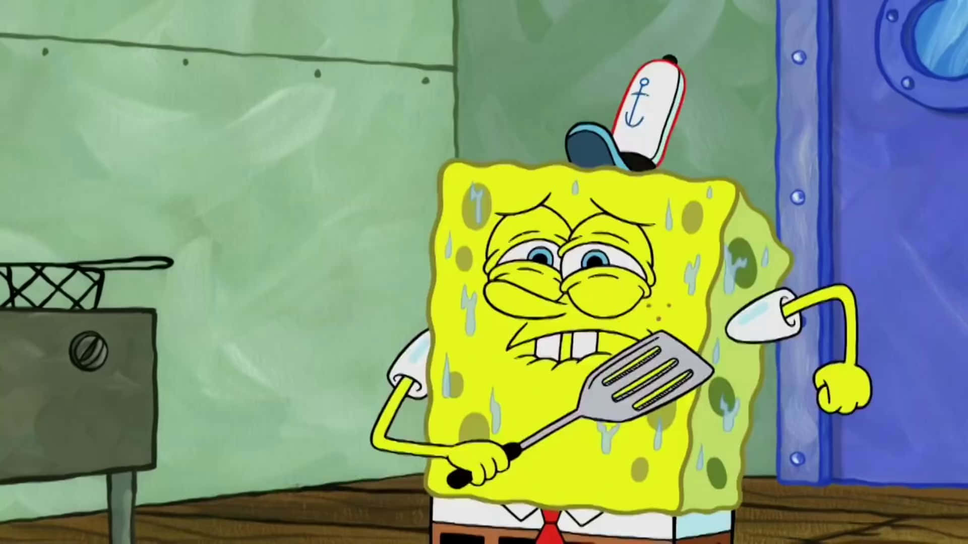 Aesthetic Spongebob Holding Spatula Laptop Background