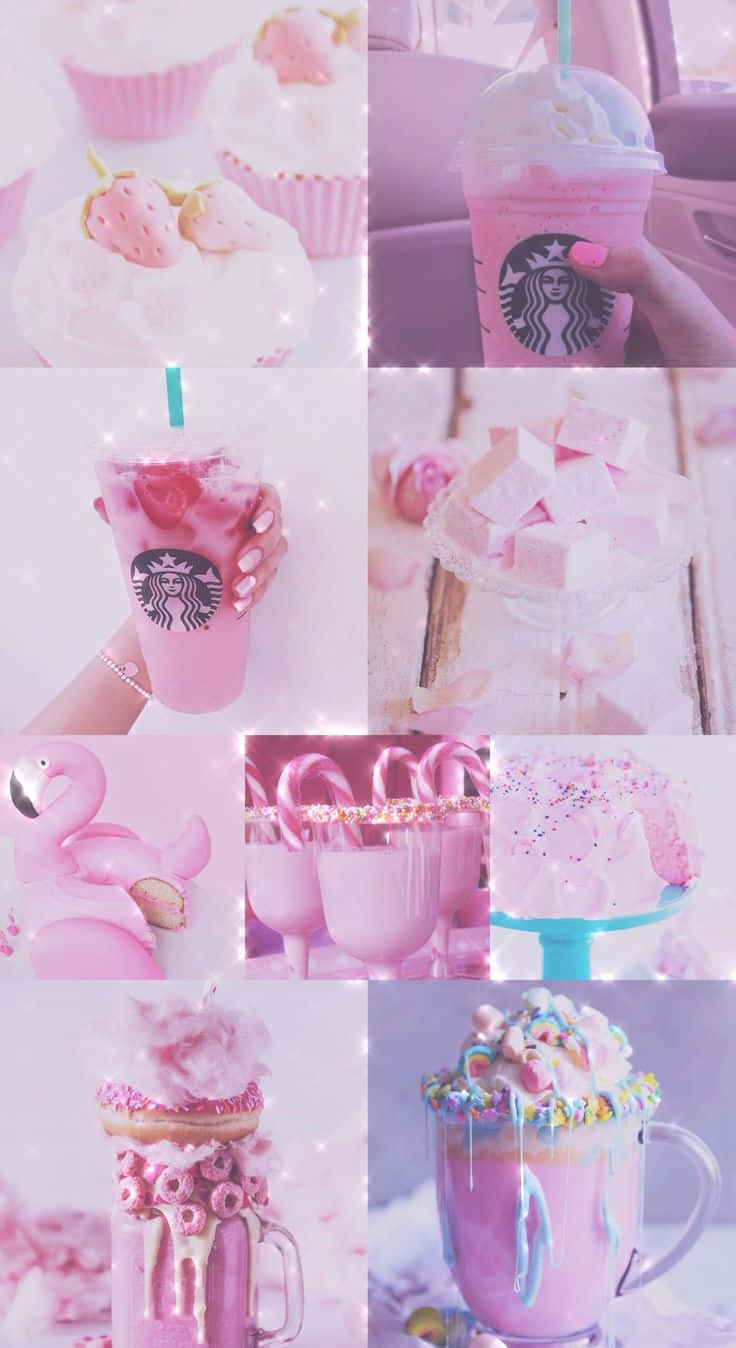 Aesthetic Starbucks Girly Pink Strawberry Drinks And Desserts Background