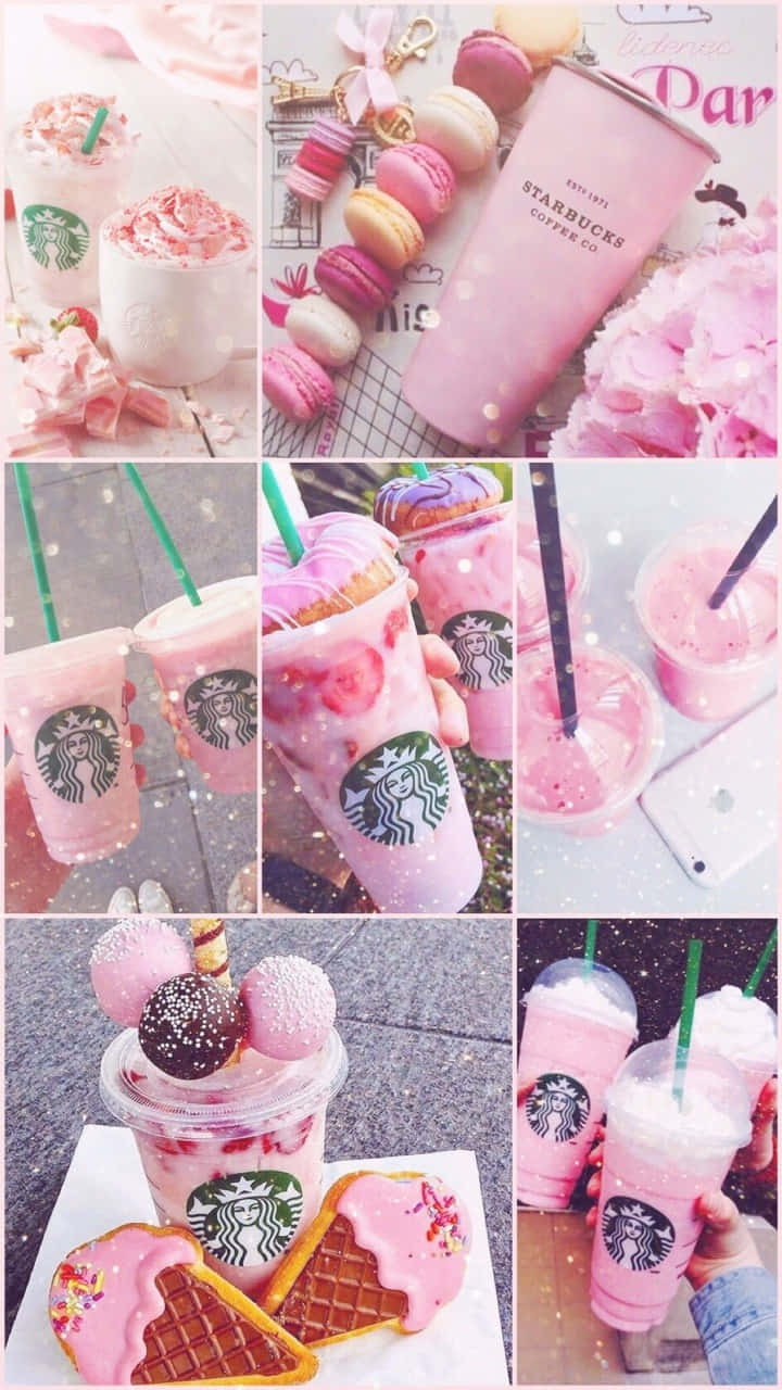 Aesthetic Starbucks Iced Coffee Pink Drink Collage Background