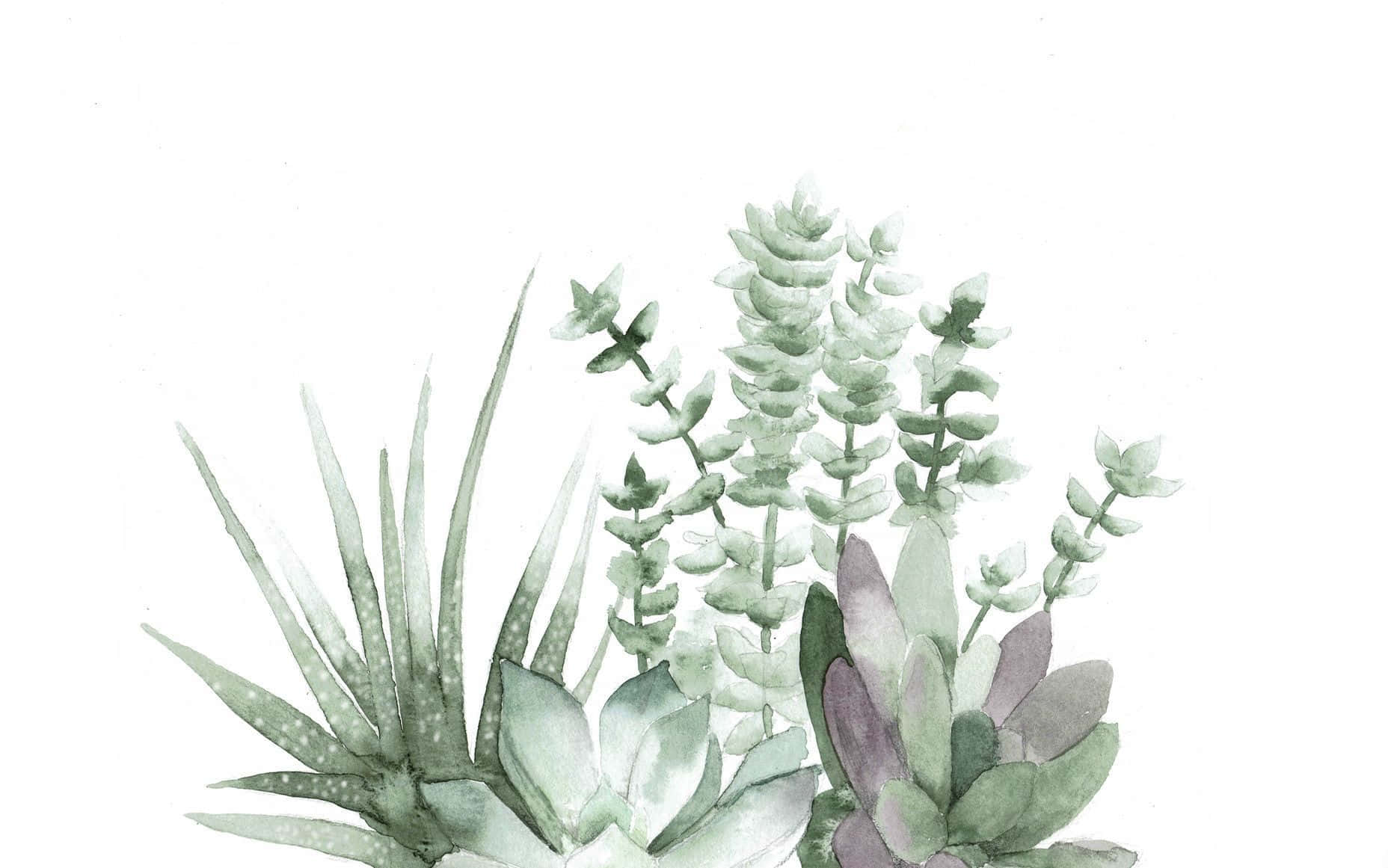 Aesthetic Succulents Painting Minimalist Plant Desktop Background