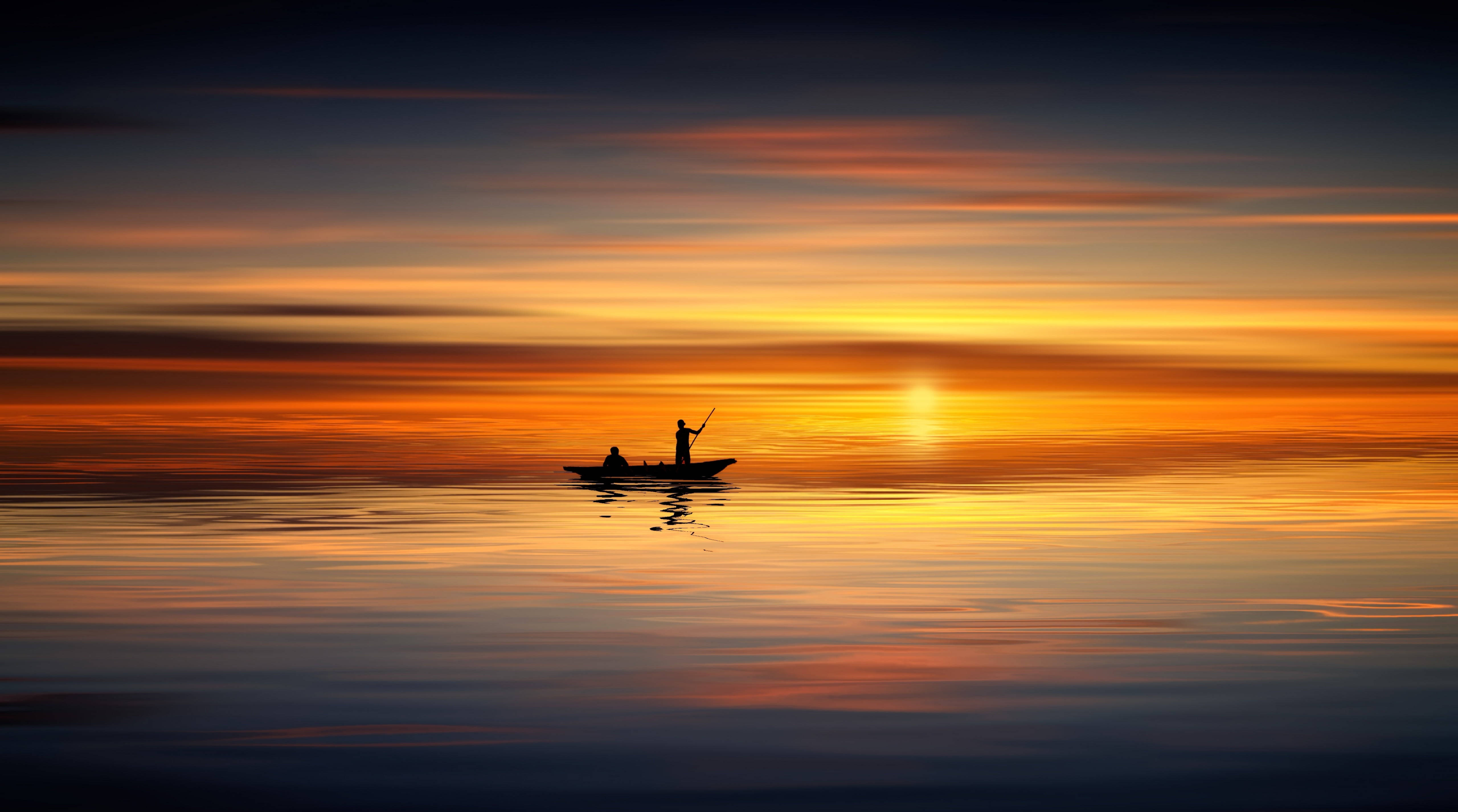 Aesthetic Sunset With Man On Boat Silhouette Background