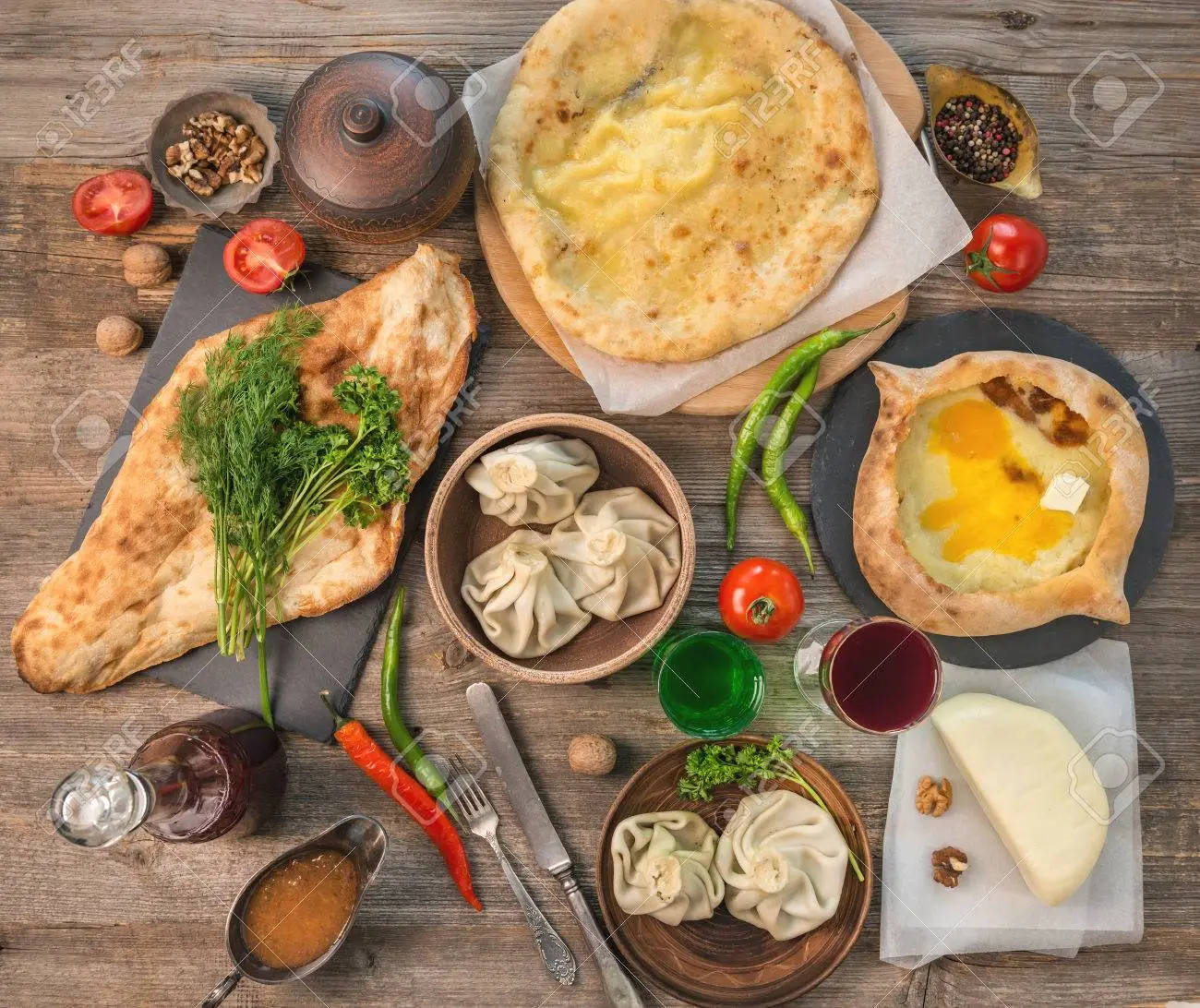 Aesthetic Various Khachapuri Dish Top View Shot