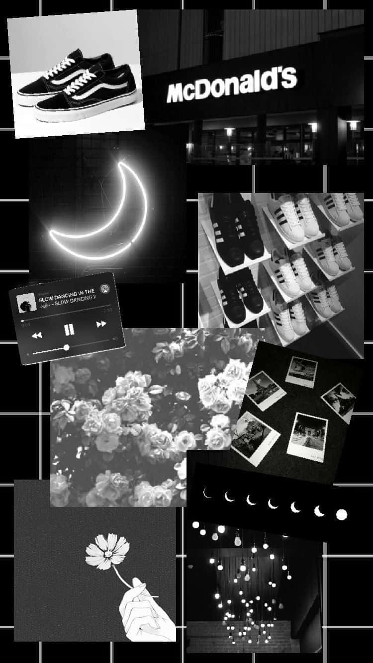 Aesthetic White And Black Iphone Collage Flowers And Shoes Background