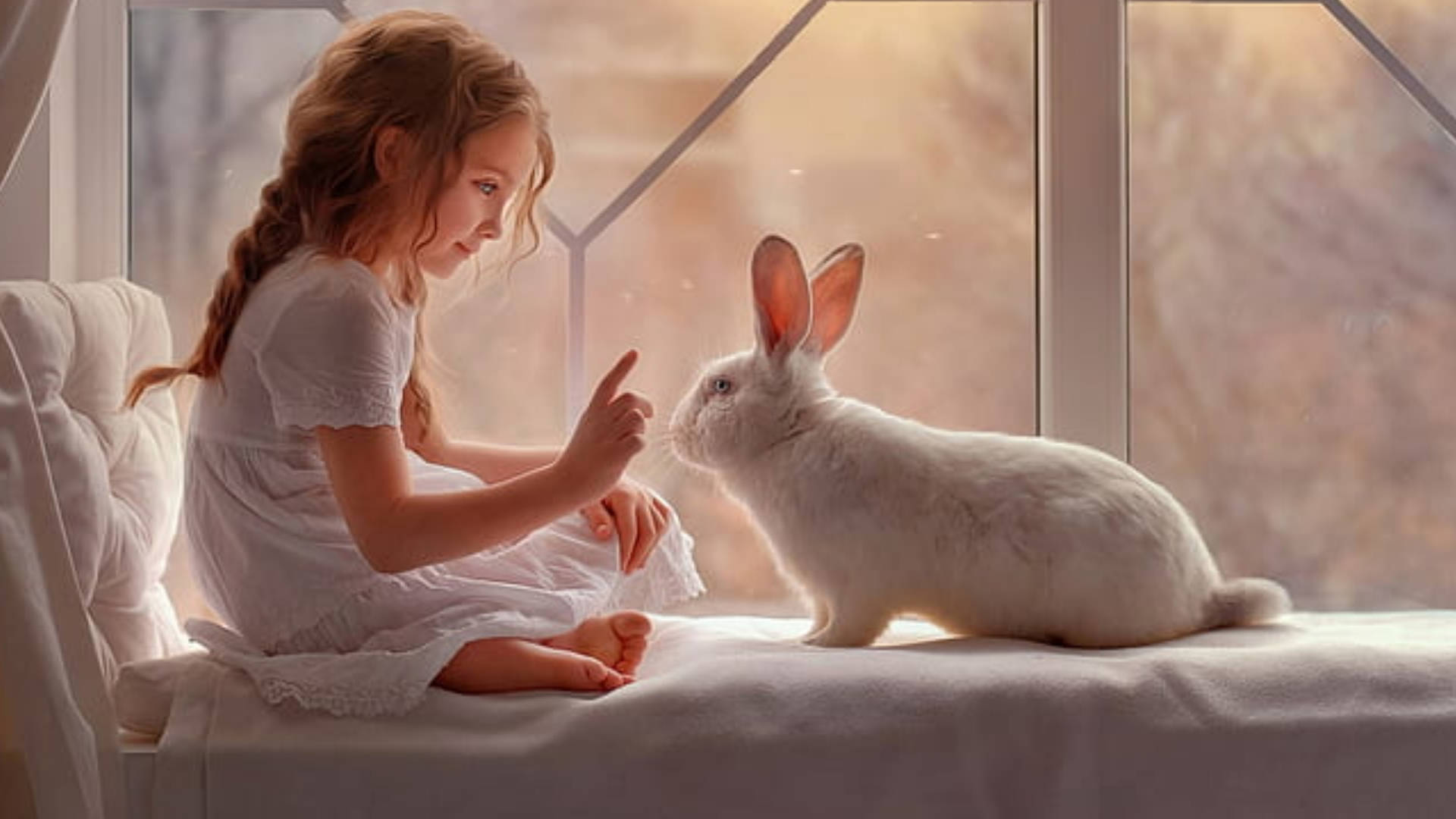 Aesthetic White Rabbit And A Girl Background