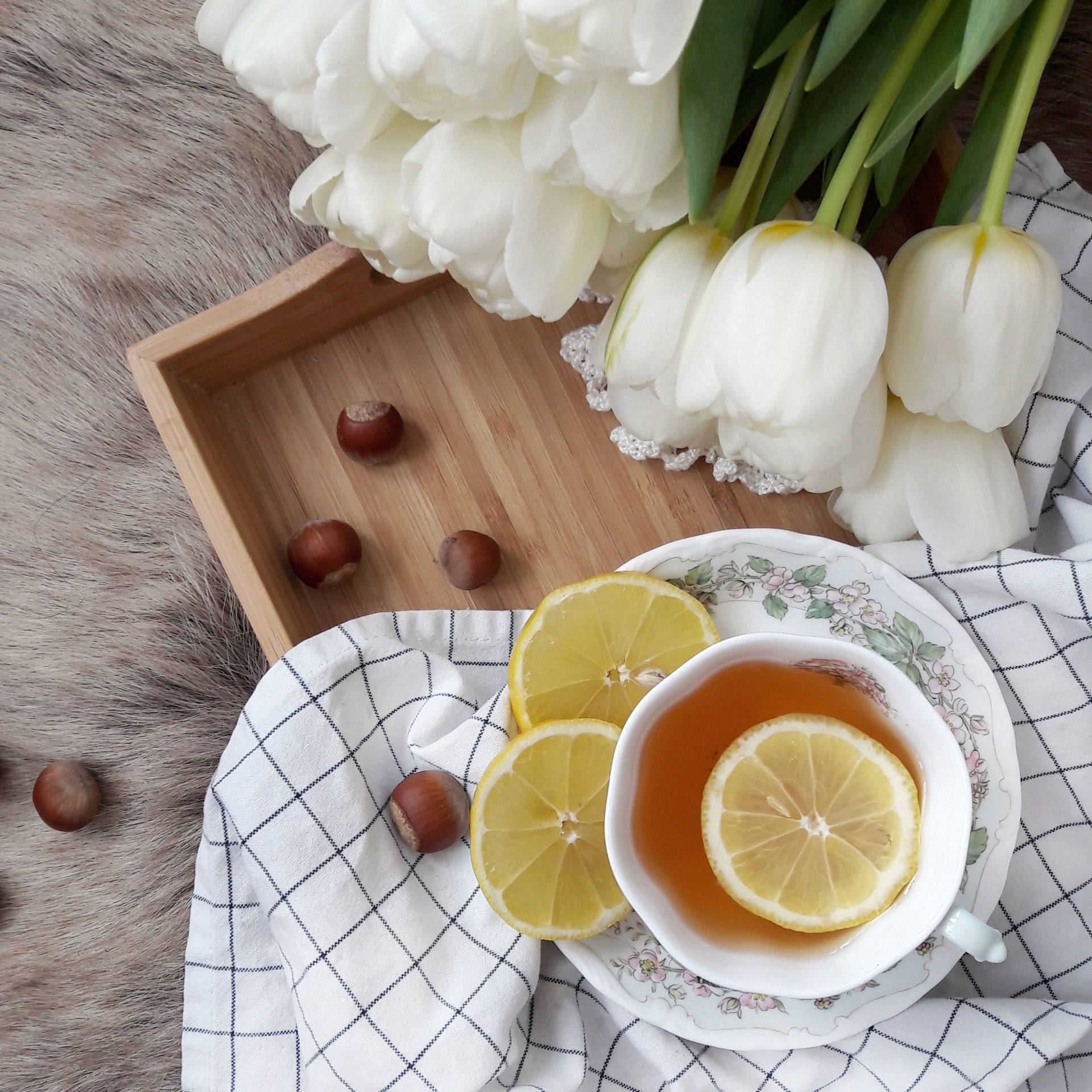 Aesthetic White Tulips In A Flatlay Arrangement Background