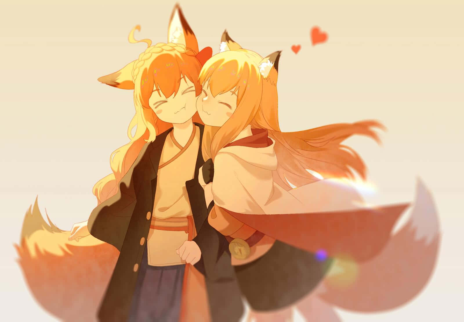 Affectionate Anime Fox Girls Background