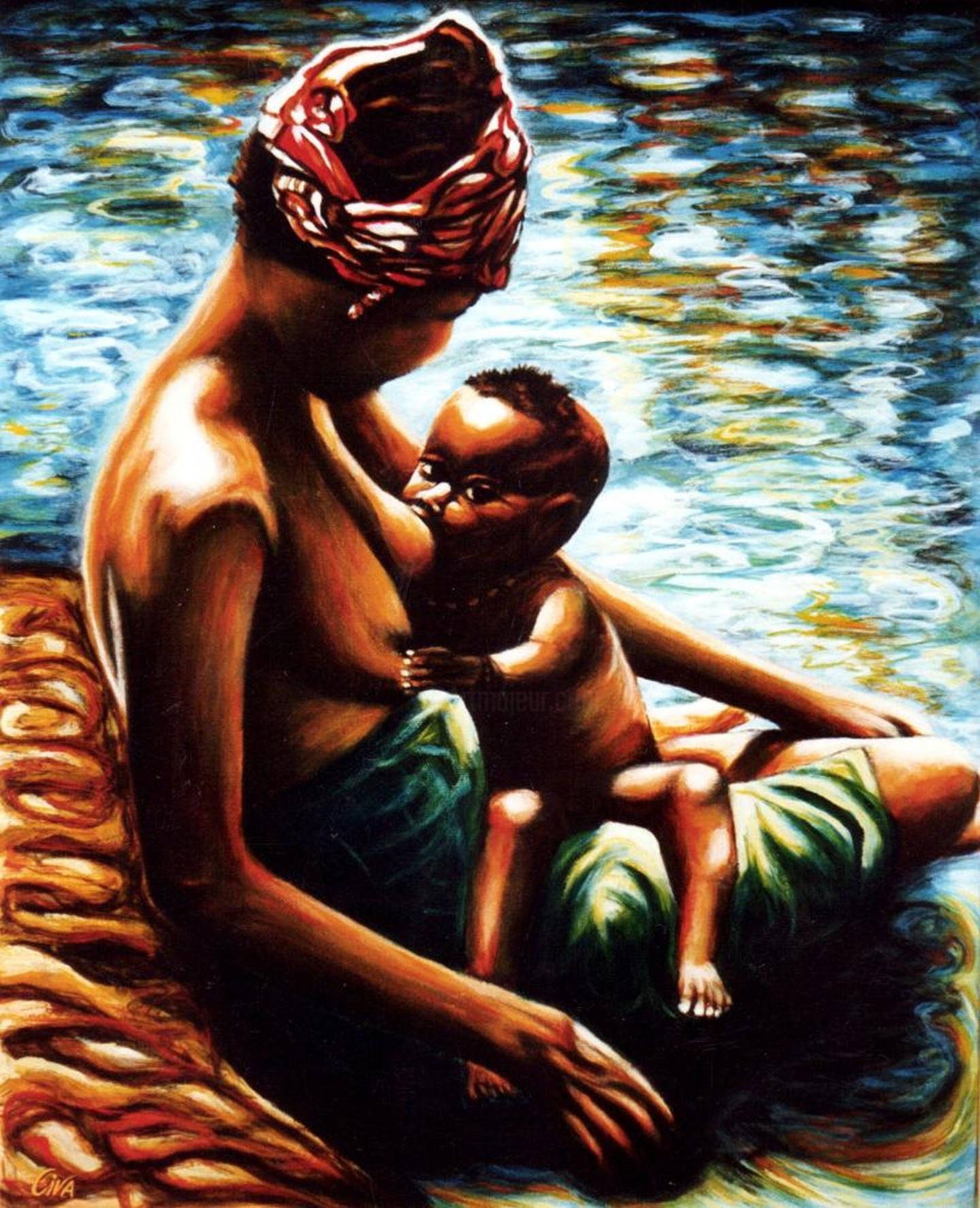 African Mother And Baby By The River Background