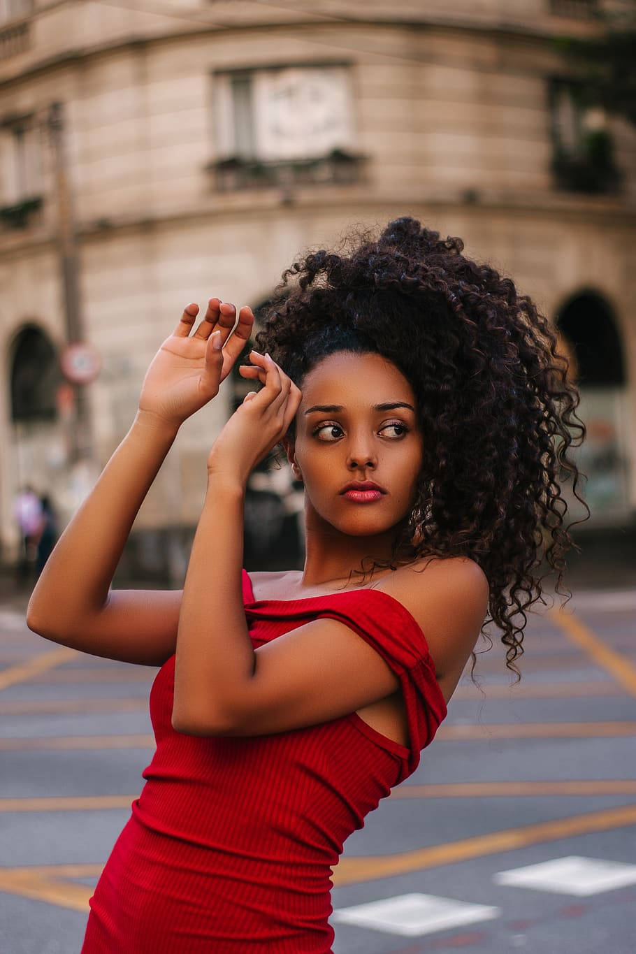 Afro Hair Female Model In Red Dress