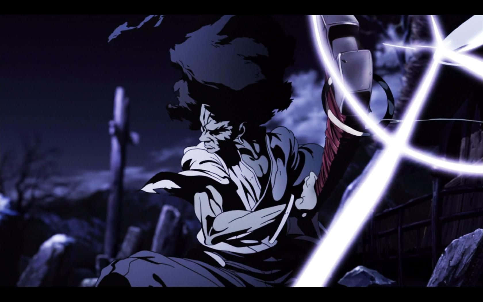 Afro Samurai Battles Atop A Mountain With A Fierce Expression On His Face Background