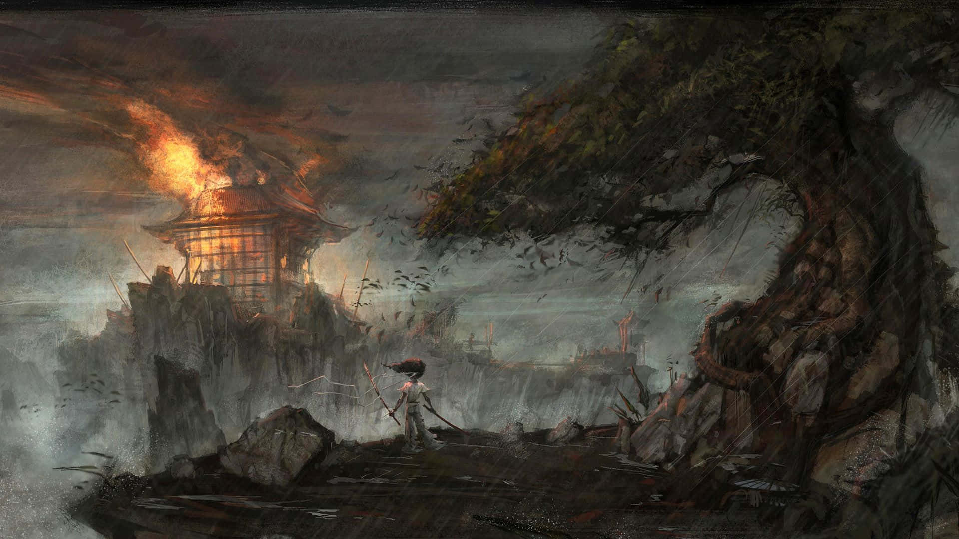 Afro Samurai Striking A Warrior Pose Against A Fiery Backdrop Background