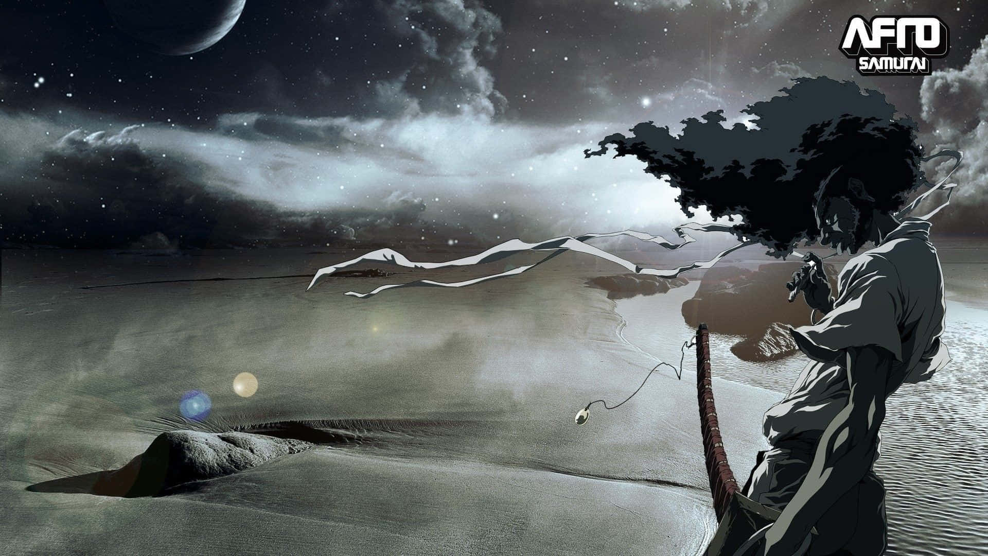 Afro Samurai Wields His Sword Amidst A Fiery Battle Background