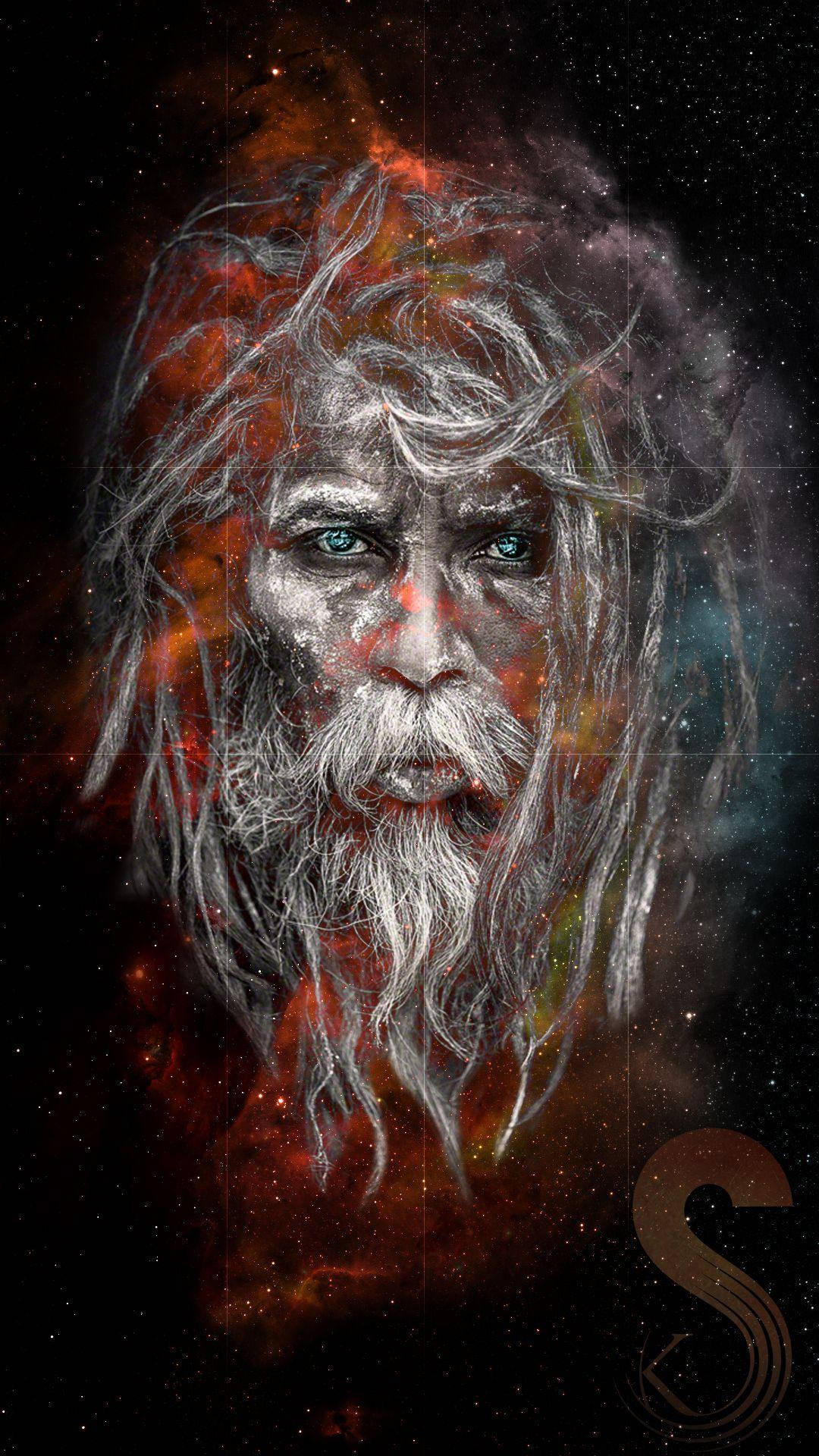 Aghori Portrait Art Fire Background