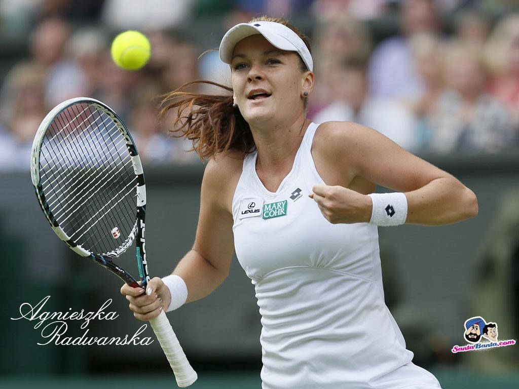 Agnieszka Radwanska Celebrating A Victory With A Fist Pump Background