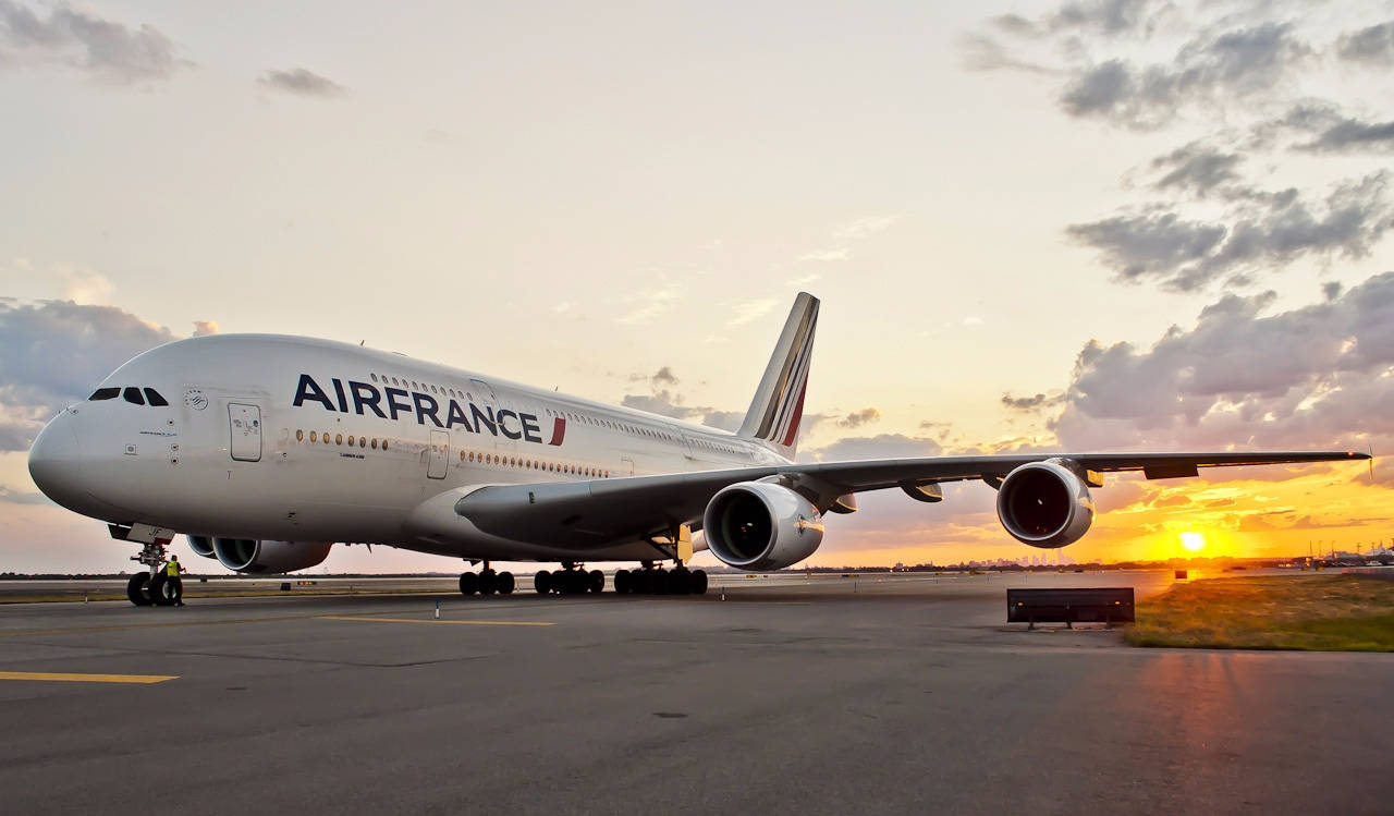 Air France Airline Airbus A380 Plane On Sunrise Background