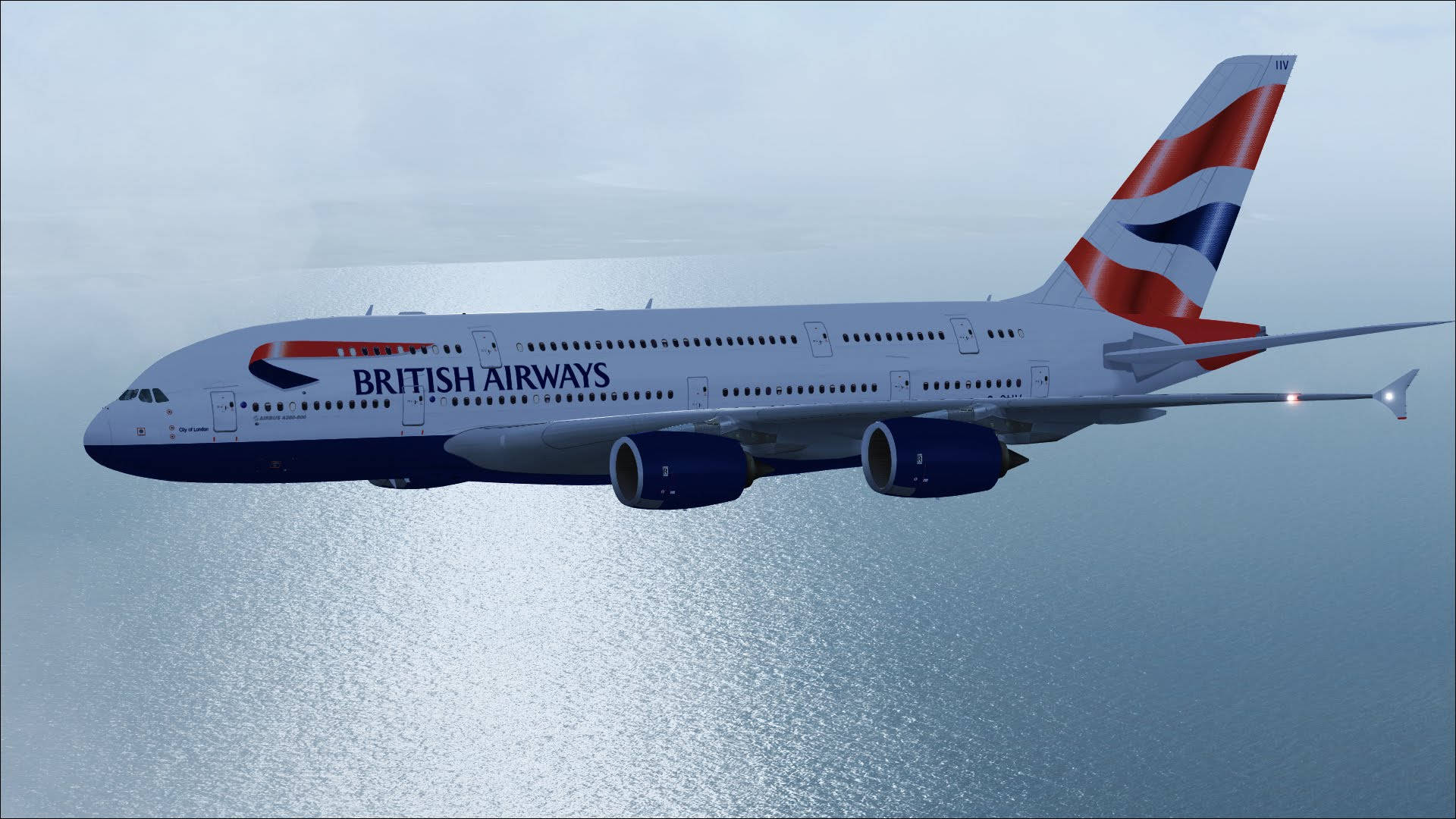 Airbus A380 From British Airways Flying Above Sea Background