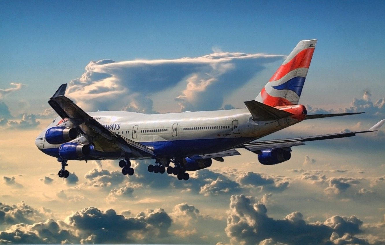 Airplane From British Airways Flying Westward Background