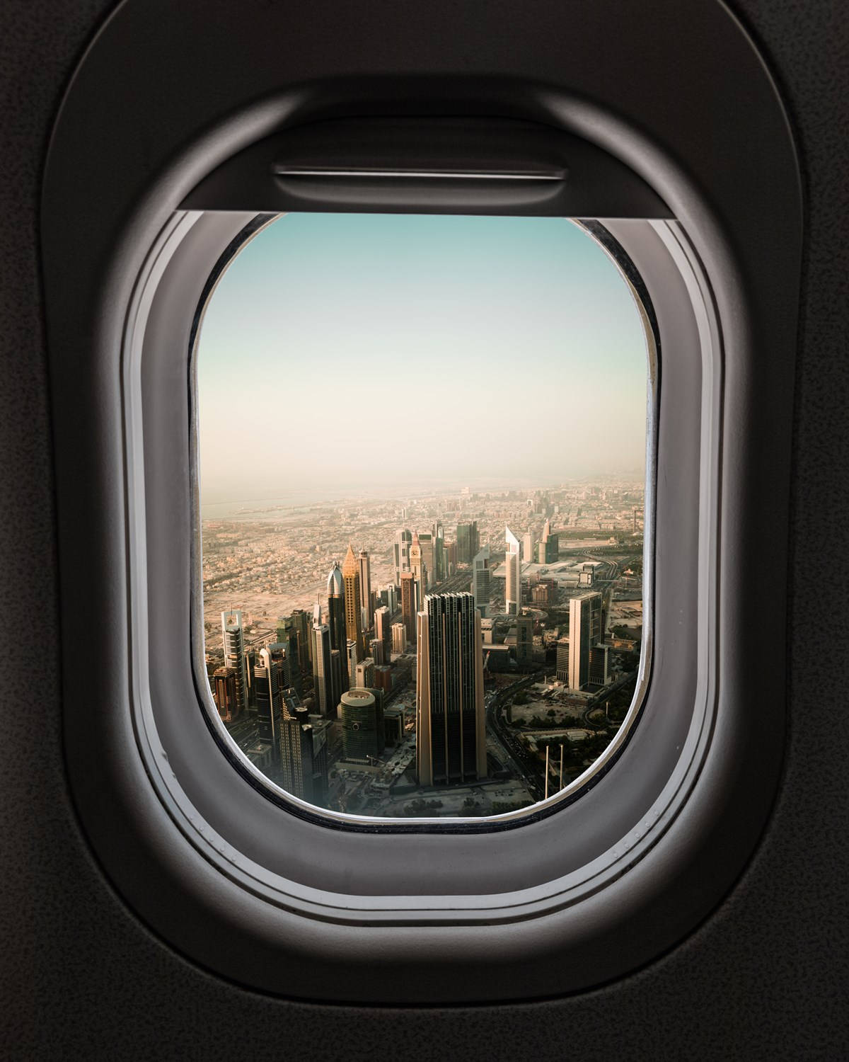 Airplane Window City Buildings Skyscrapers Background