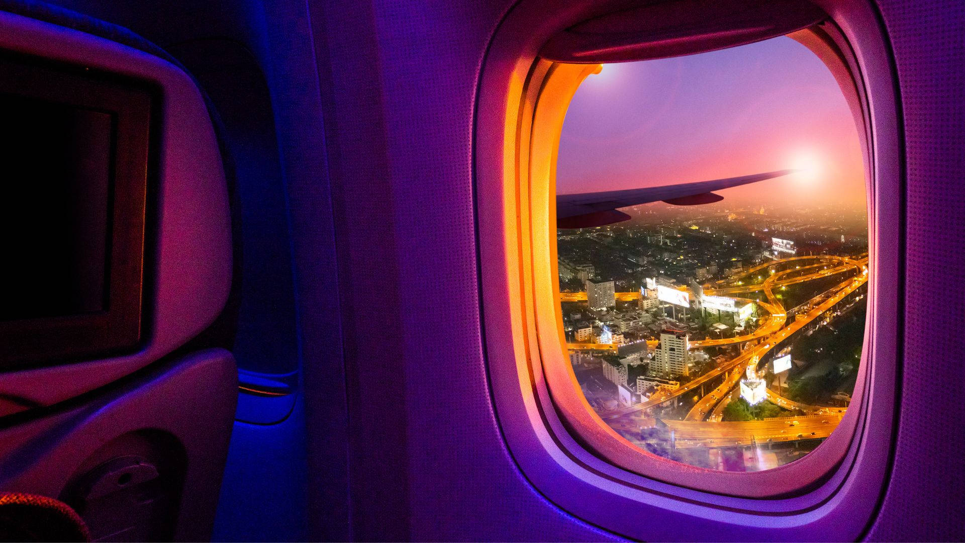 Airplane Window Travel City Night