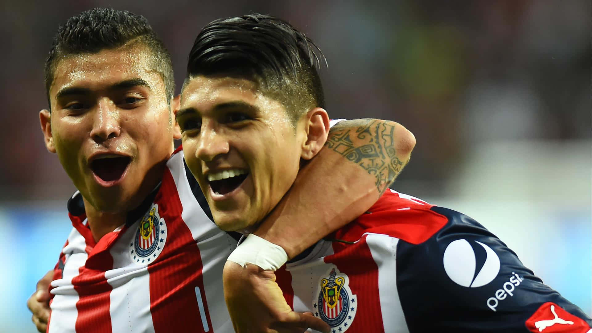 Alan Pulido And Orbelin Pineda Celebrating A Goal Background