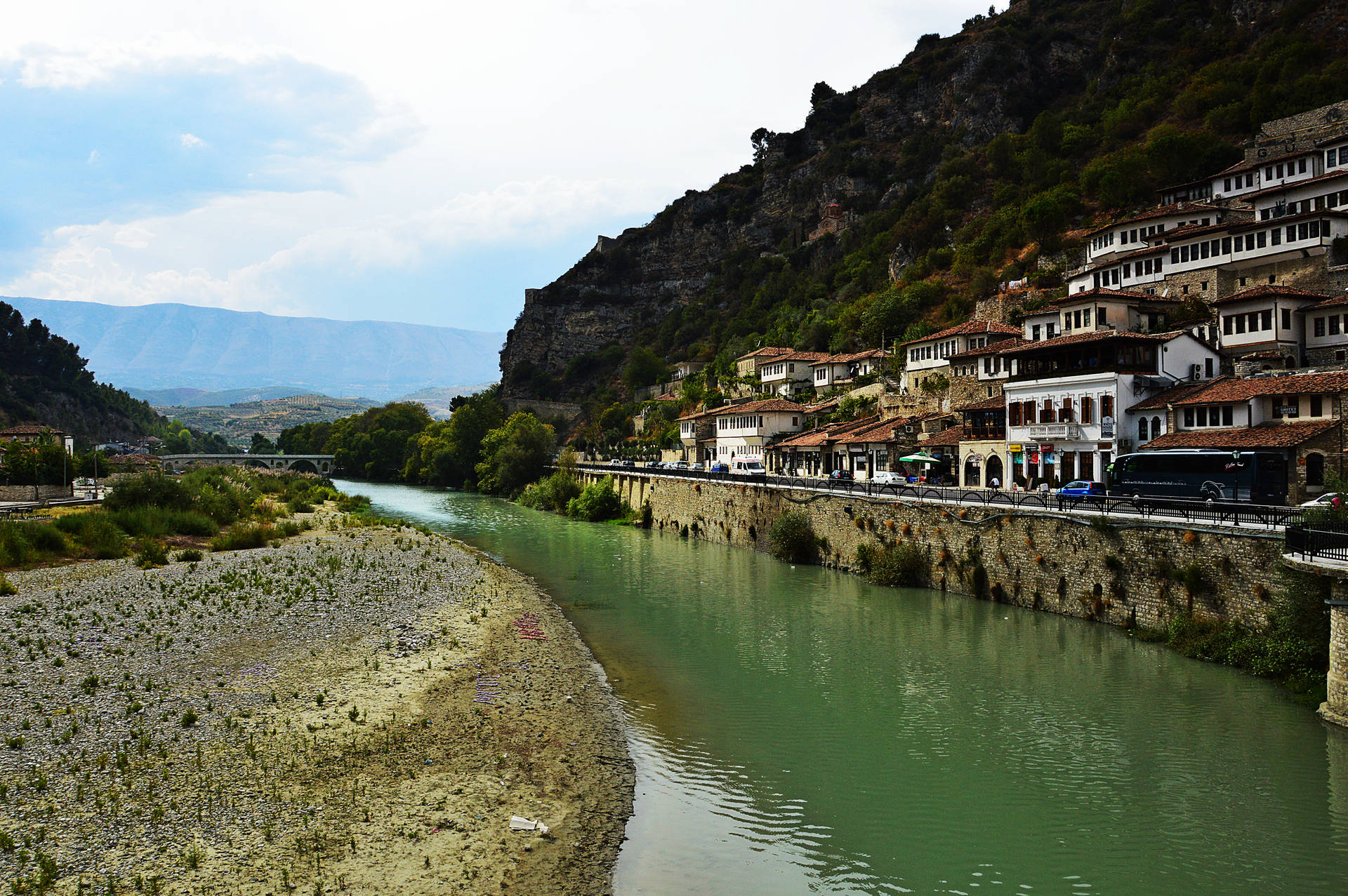 Albania Houses On Osum River Background