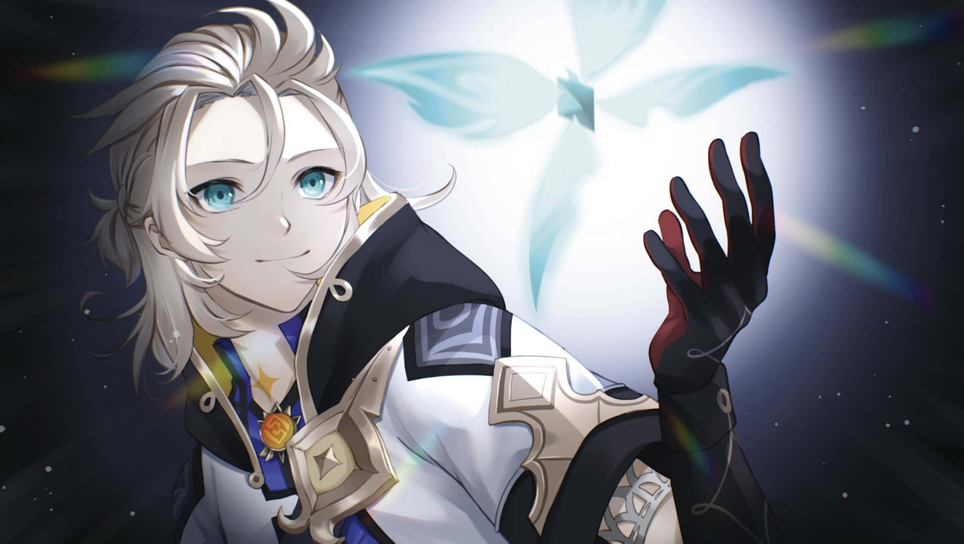 Albedo Genshin Impact Looking At Blue Flower Background