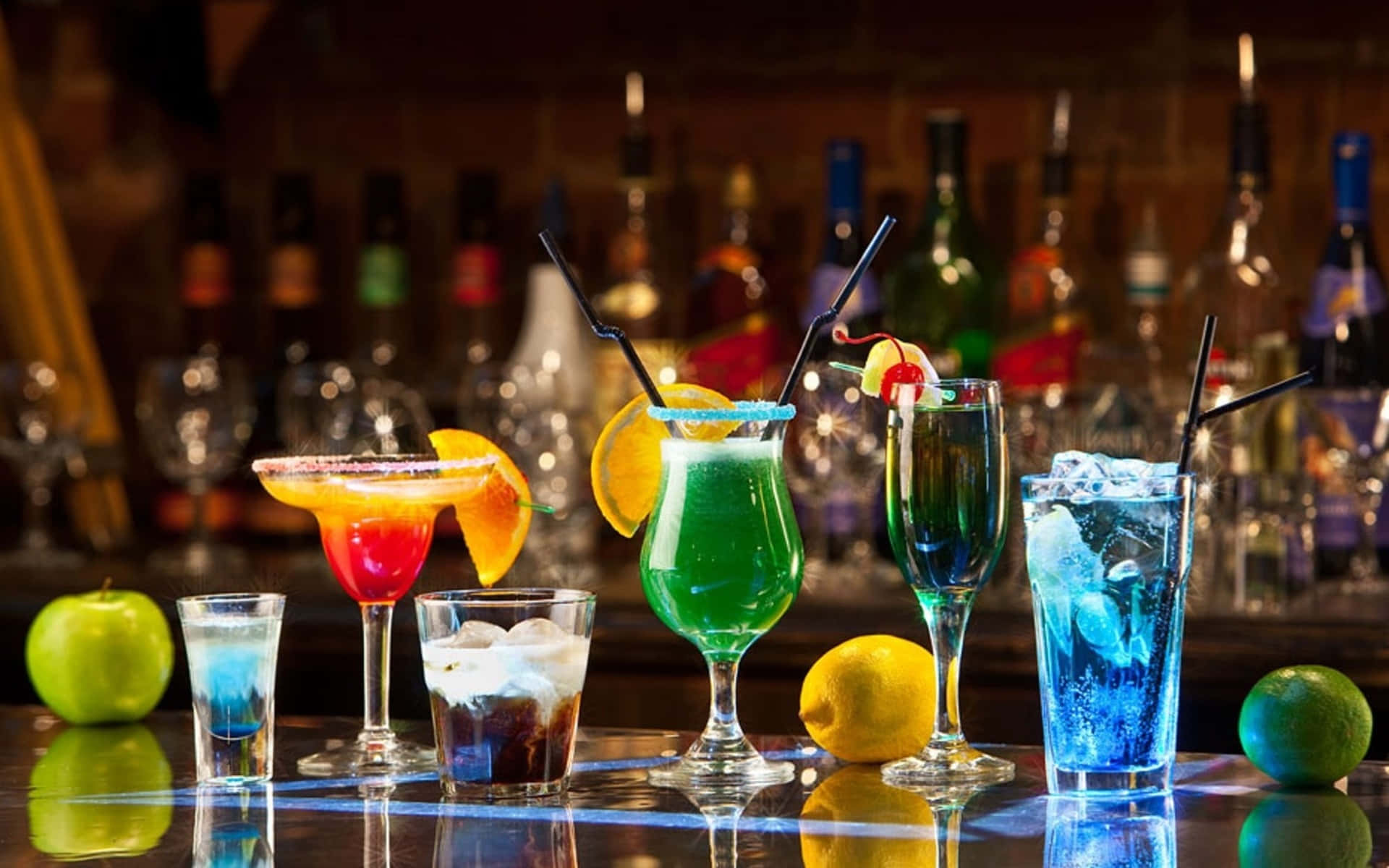 Alcoholic Drinks With Fruits On Bar Counter Background