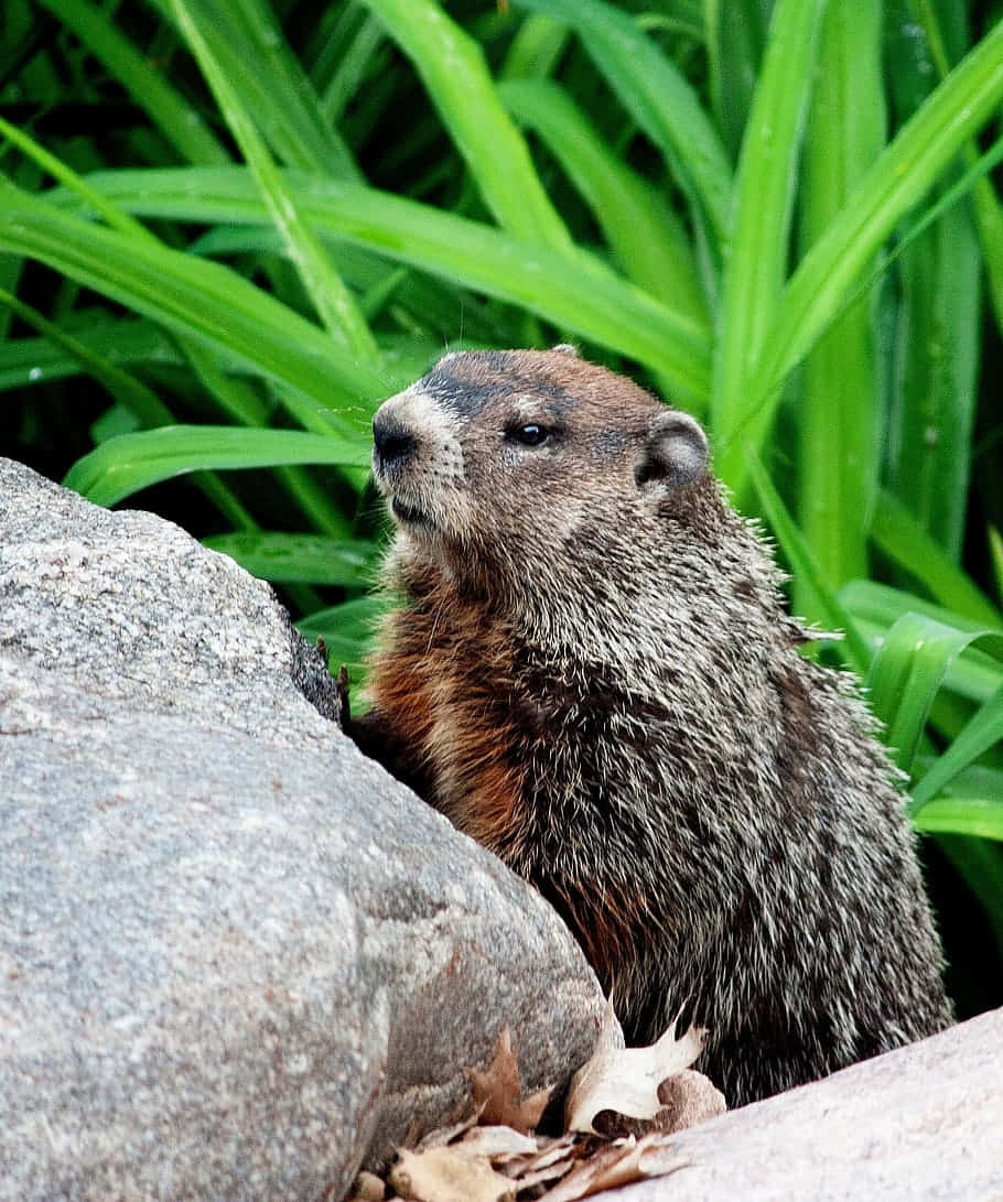 Alert Groundhog Beside Rock Background