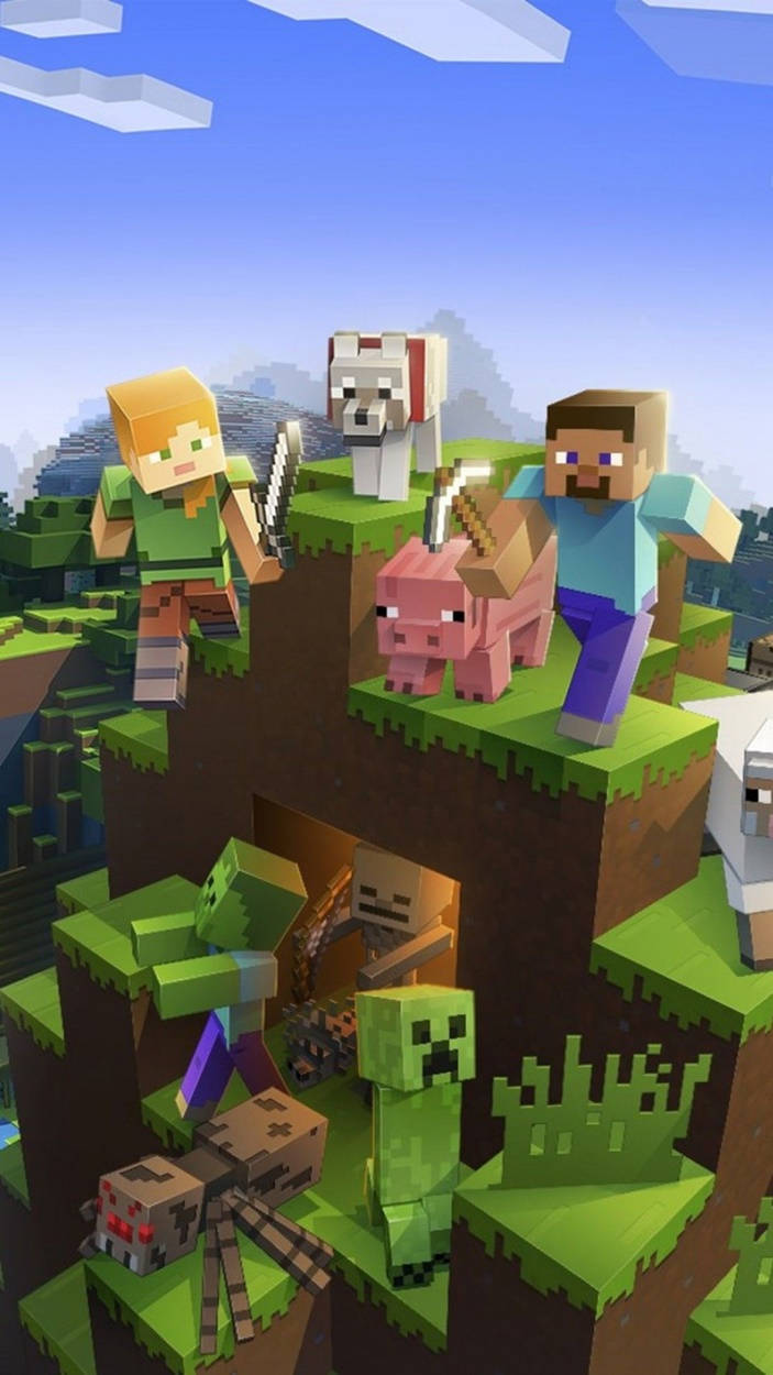 Alex And Steve With Animal Mobs Minecraft Iphone Background