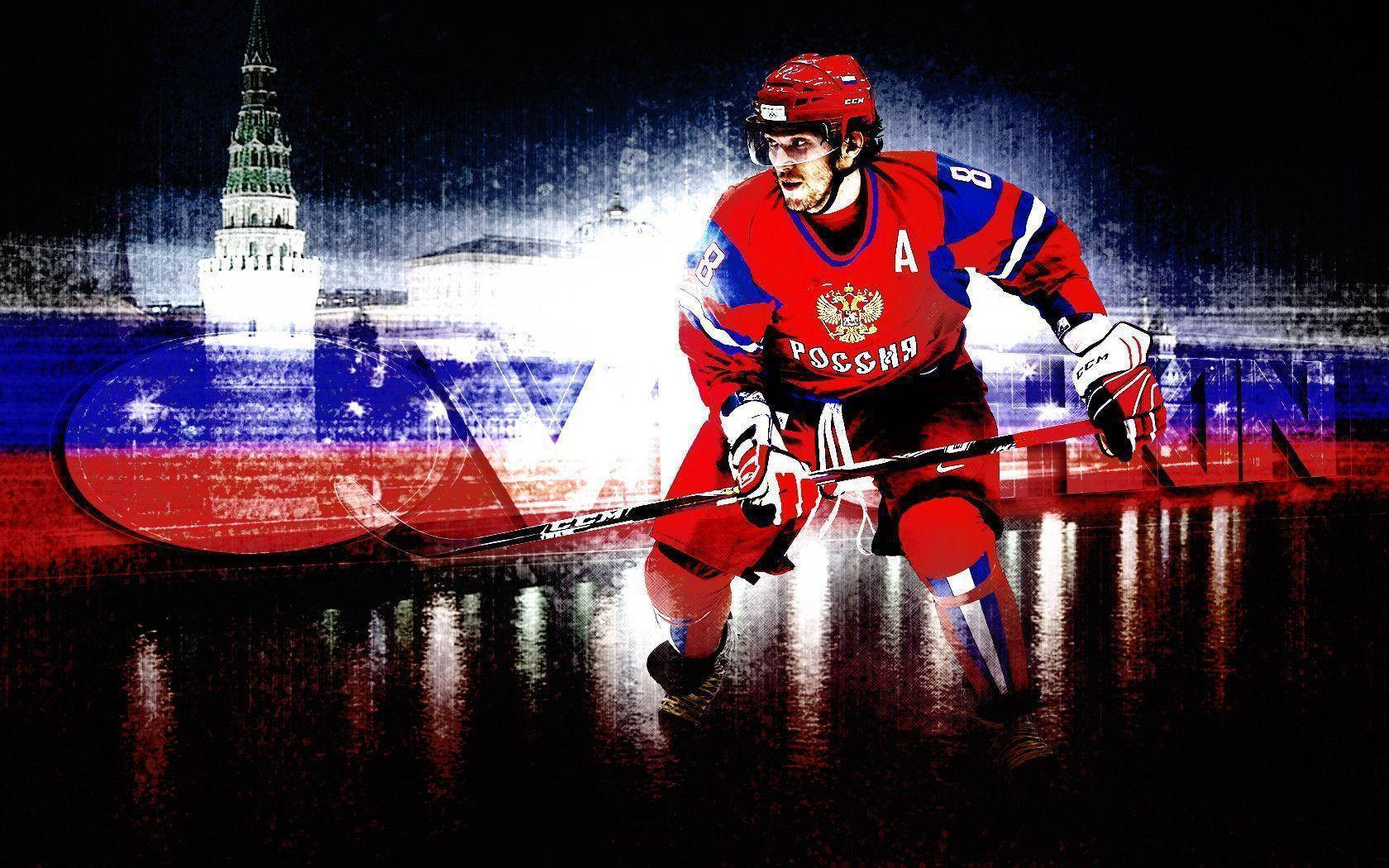 Alex Ovechkin Heroic Pose In Washington Capitals Jersey Against Cityscape Backdrop Background