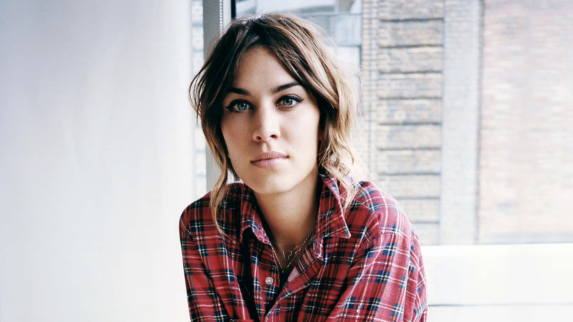 Alexa Chung Plaid Shirt Portrait Background