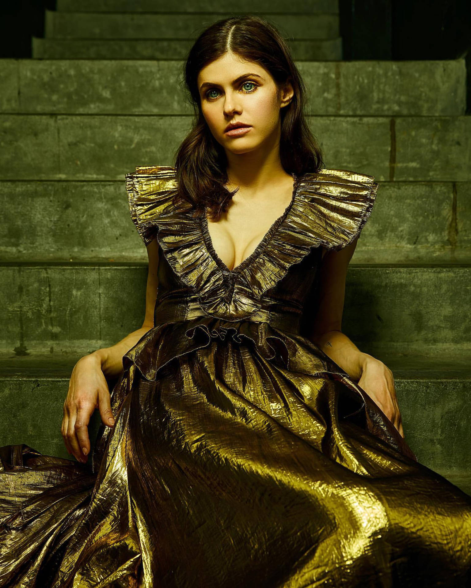 Alexandra Daddario Gown On Stairs Background