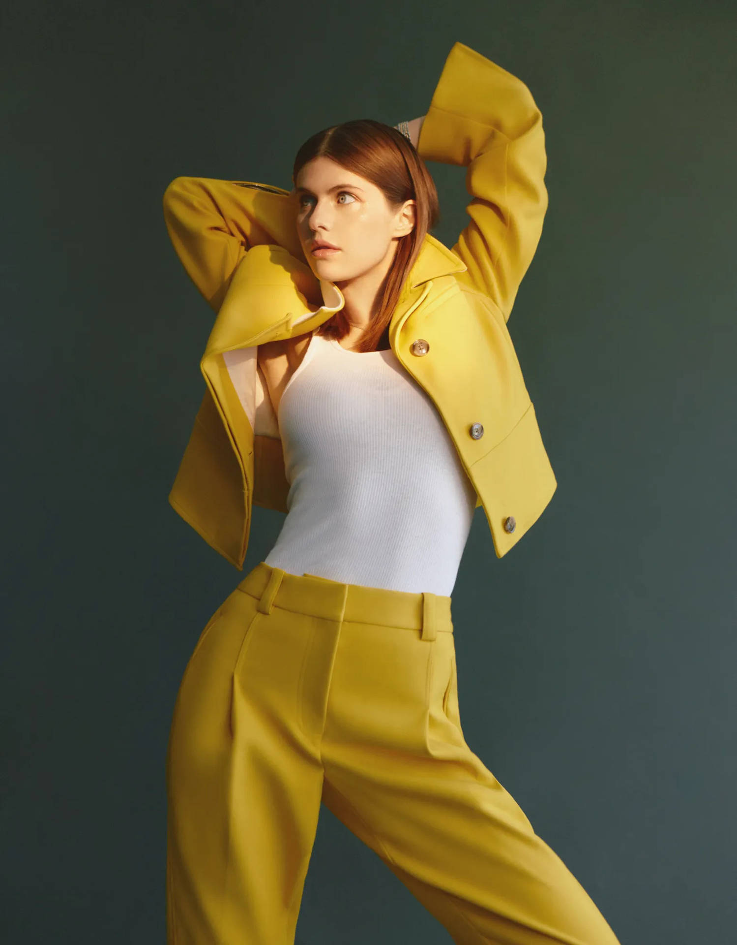 Alexandra Daddario Yellow Suit Background