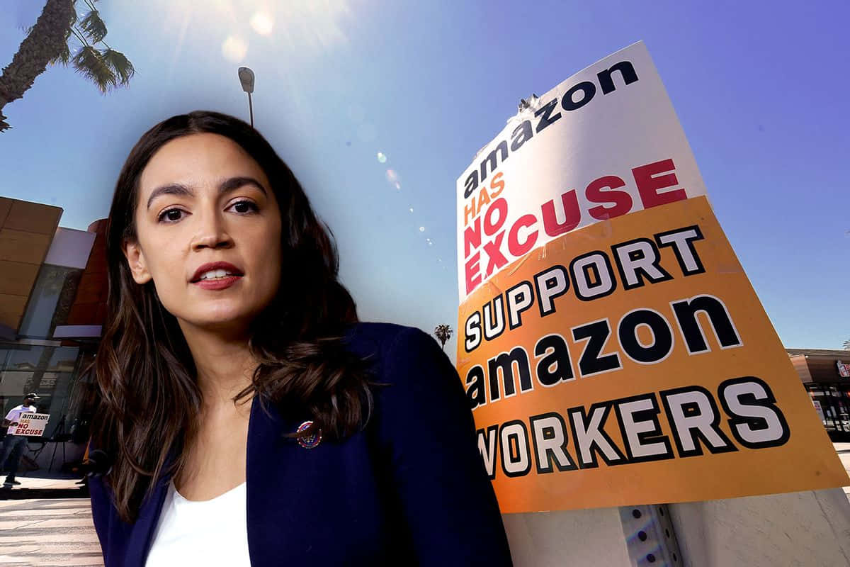 Alexandria Ocasio-cortez With Signs Protesting Amazon