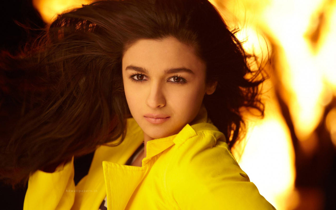 Alia Bhatt Hd Yellow Dress And Fiery Backdrop Background