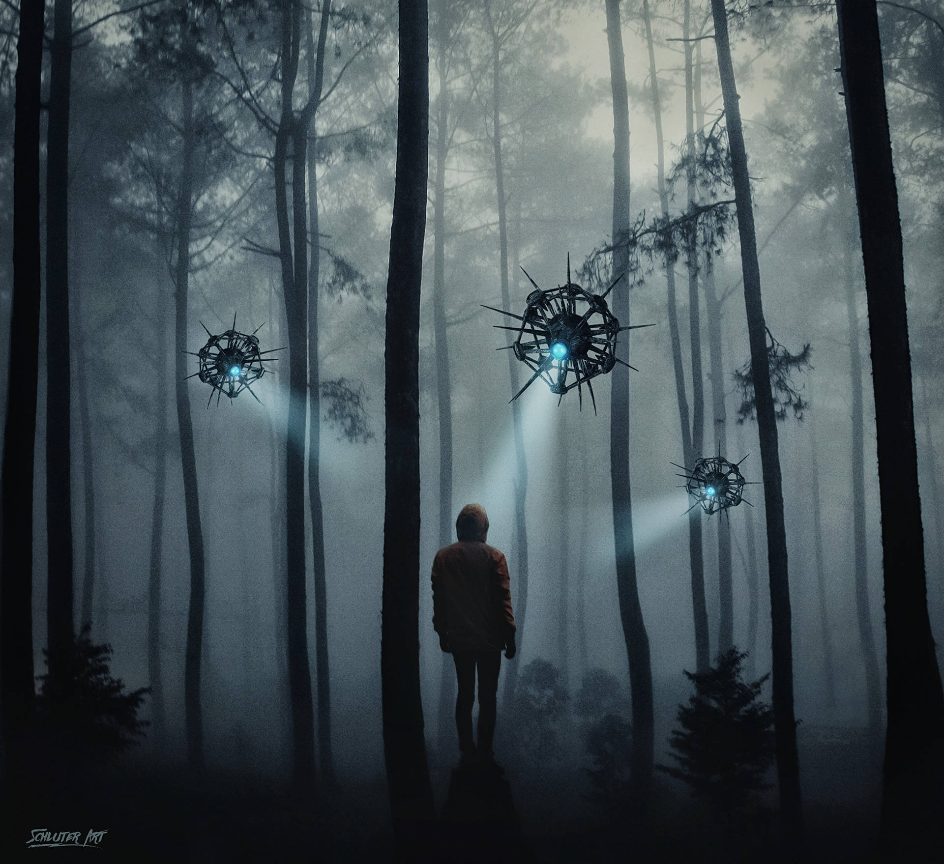 Alien Drones At The Forest Background