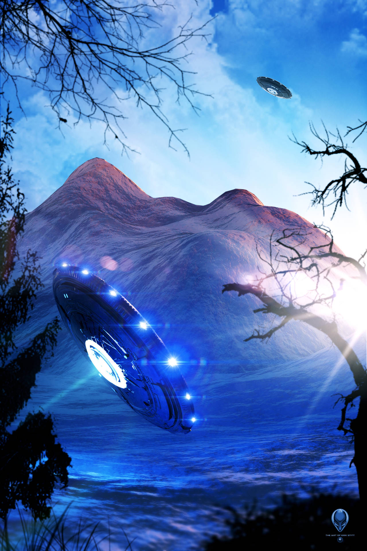 Alien Ship On The Mountain Background