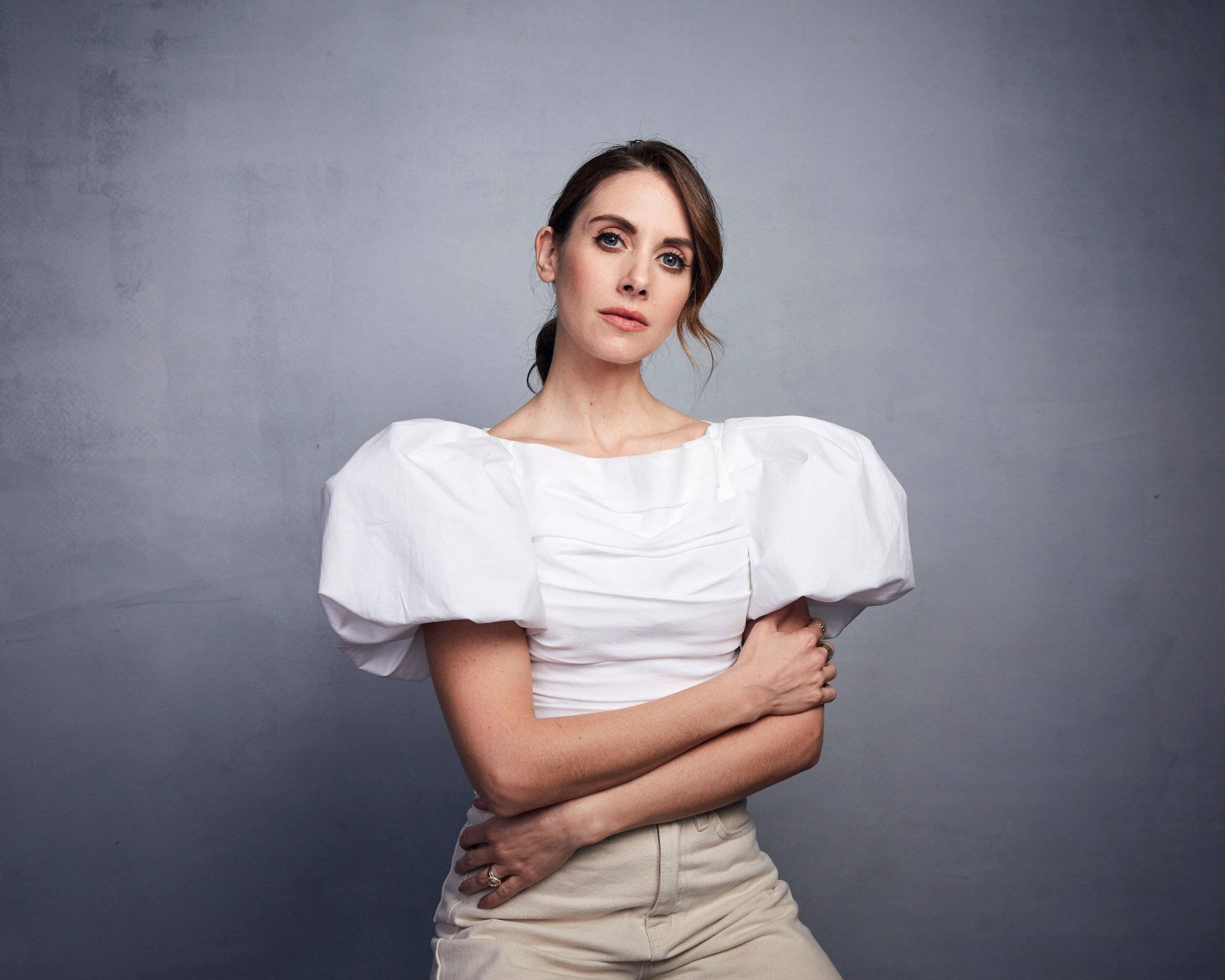 Alison Brie White Puff Sleeve Background