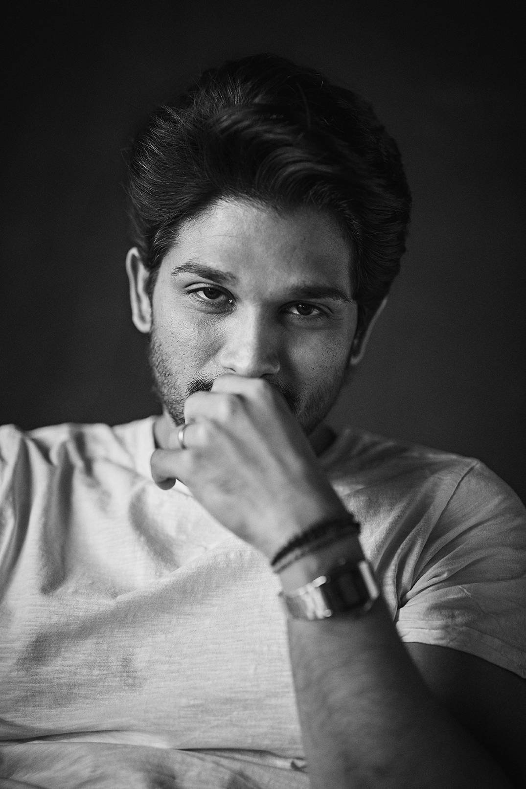 Allu Arjun In White Shirt Black And White Background